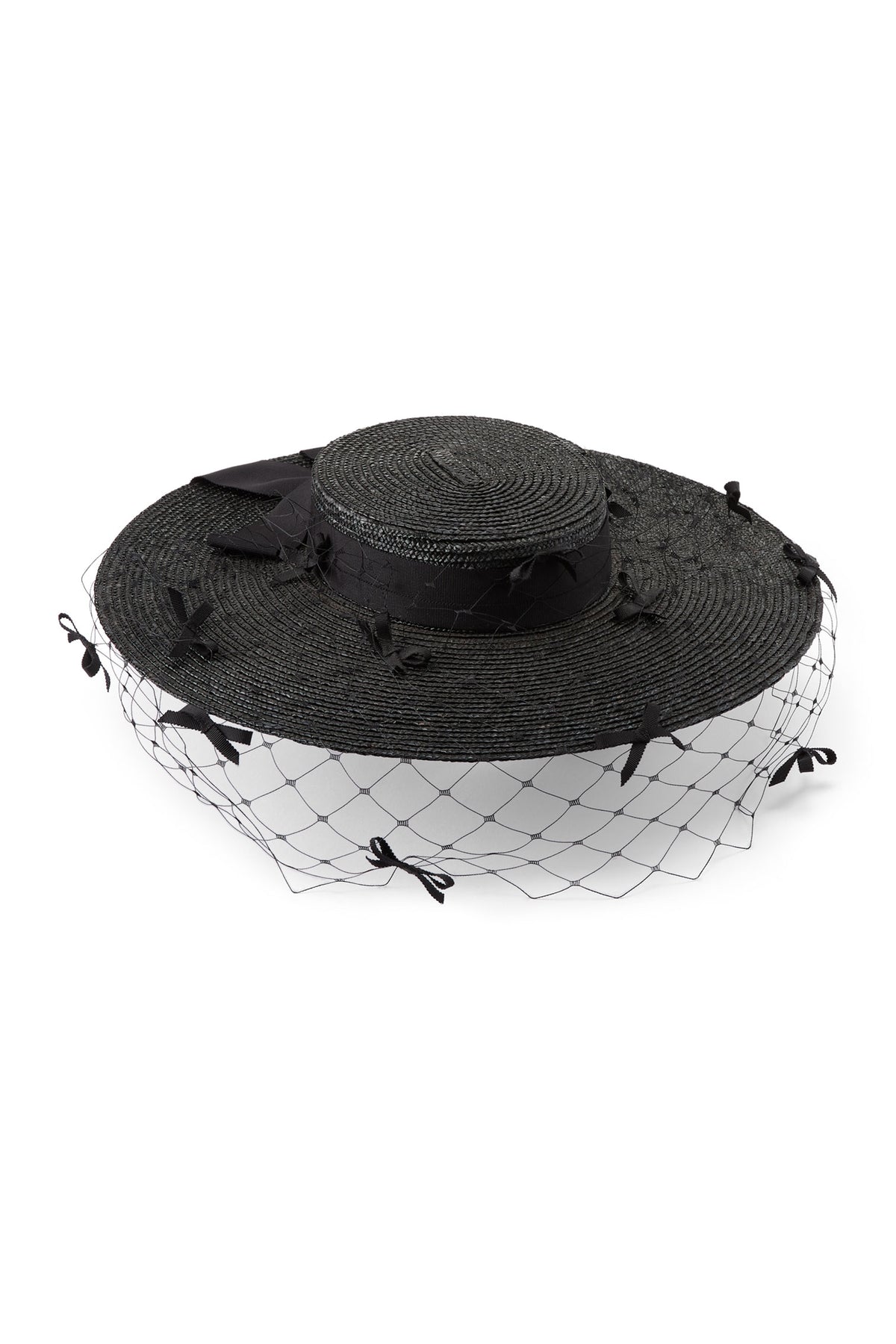 Black pedal straw boater hat with a cotton petersham ribbon and black veiling adorned with miniature bows.