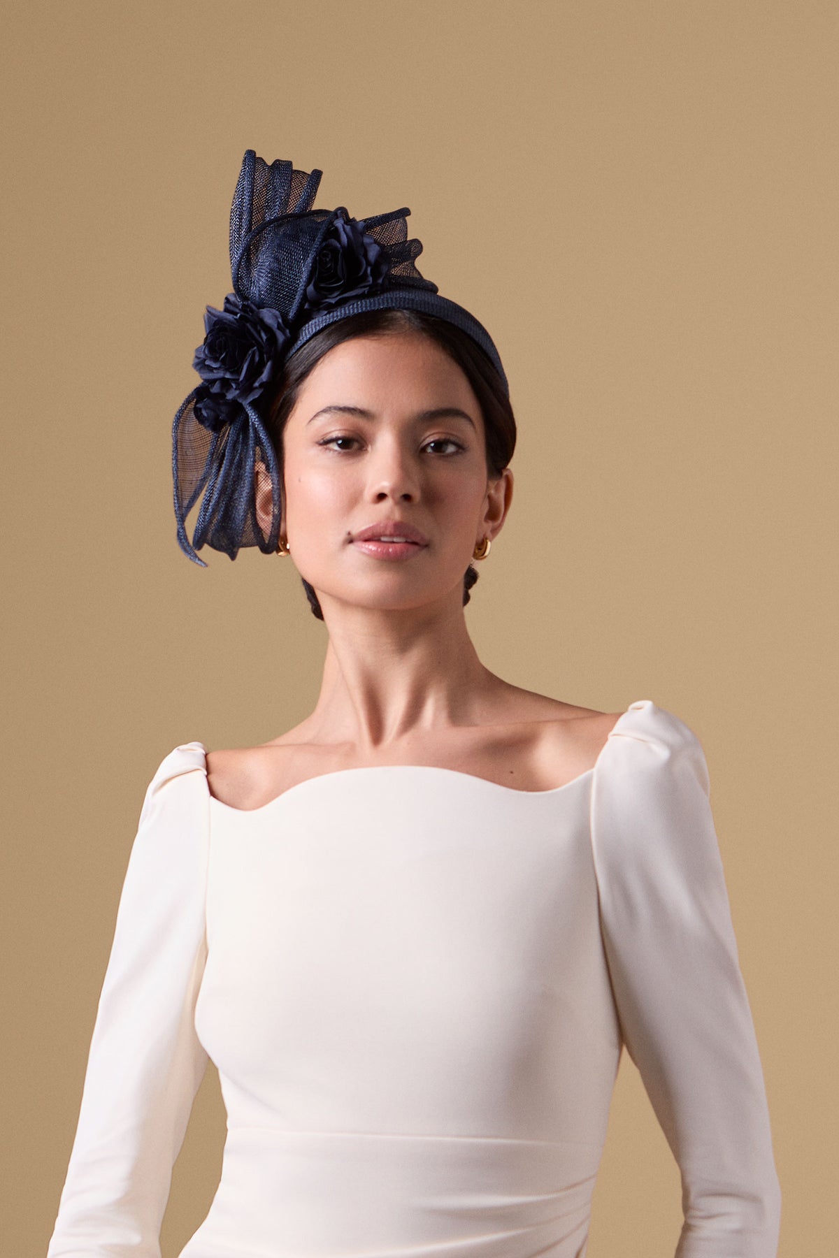 Navy Sinamay headband with silk habotai roses and a draped sinamay bow - Lock & Co. Hatters London UK
            