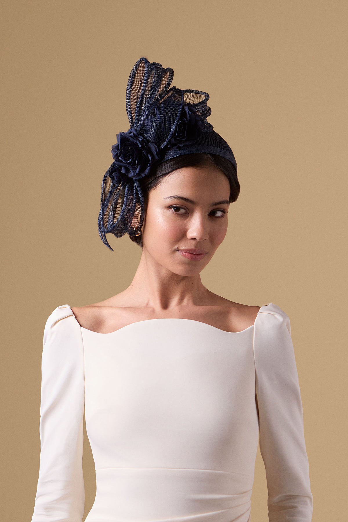 Navy Sinamay headband with silk habotai roses and a draped sinamay bow - Lock & Co. Hatters London UK
            