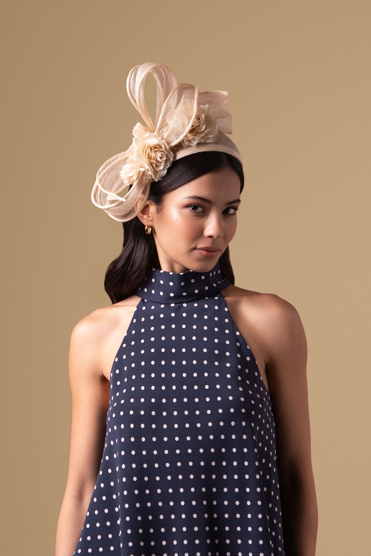 Natural Sinamay headband with silk habotai roses and a draped sinamay bow - Lock & Co. Hatters London UK
            