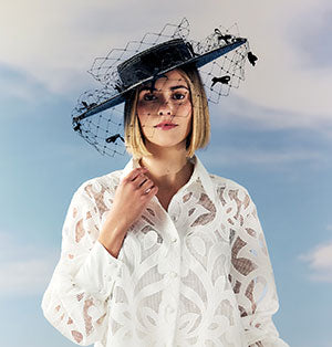 Black pedal straw boater hat with a cotton petersham ribbon and black veiling adorned with miniature bows.