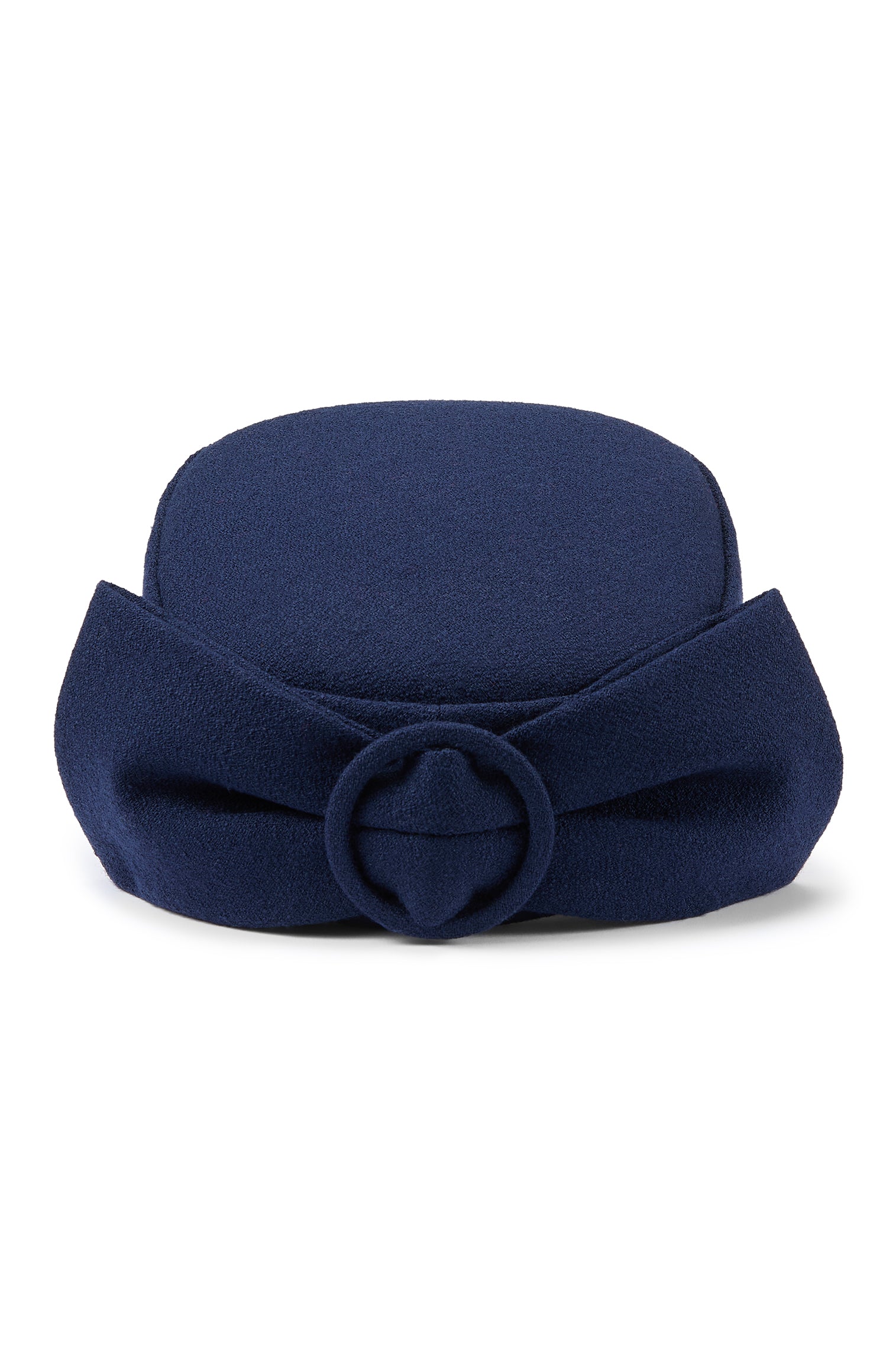 Couture Navy Wool Crepe Pillbox Hat with a back bow