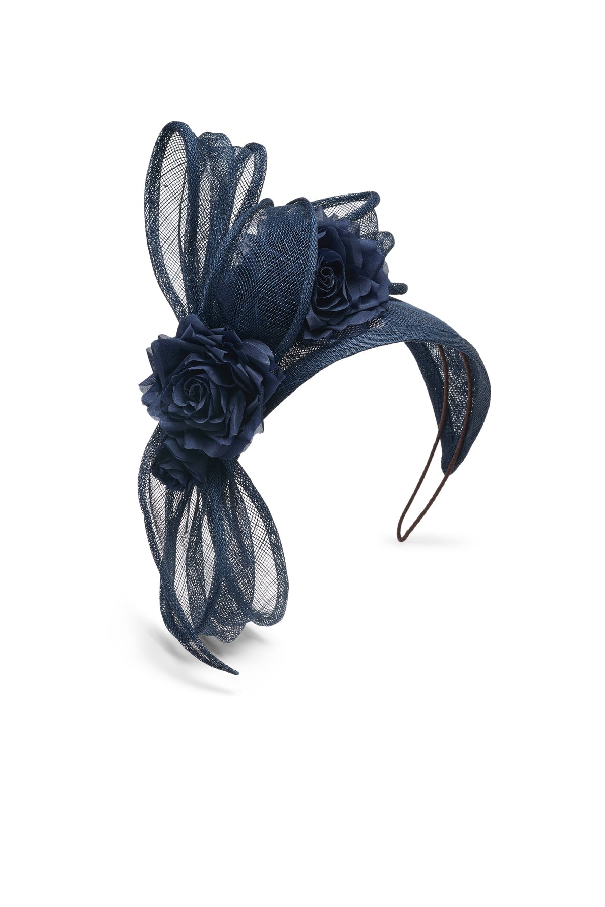 Navy Sinamay headband with silk habotai roses and a draped sinamay bow - Lock & Co. Hatters London UK
            