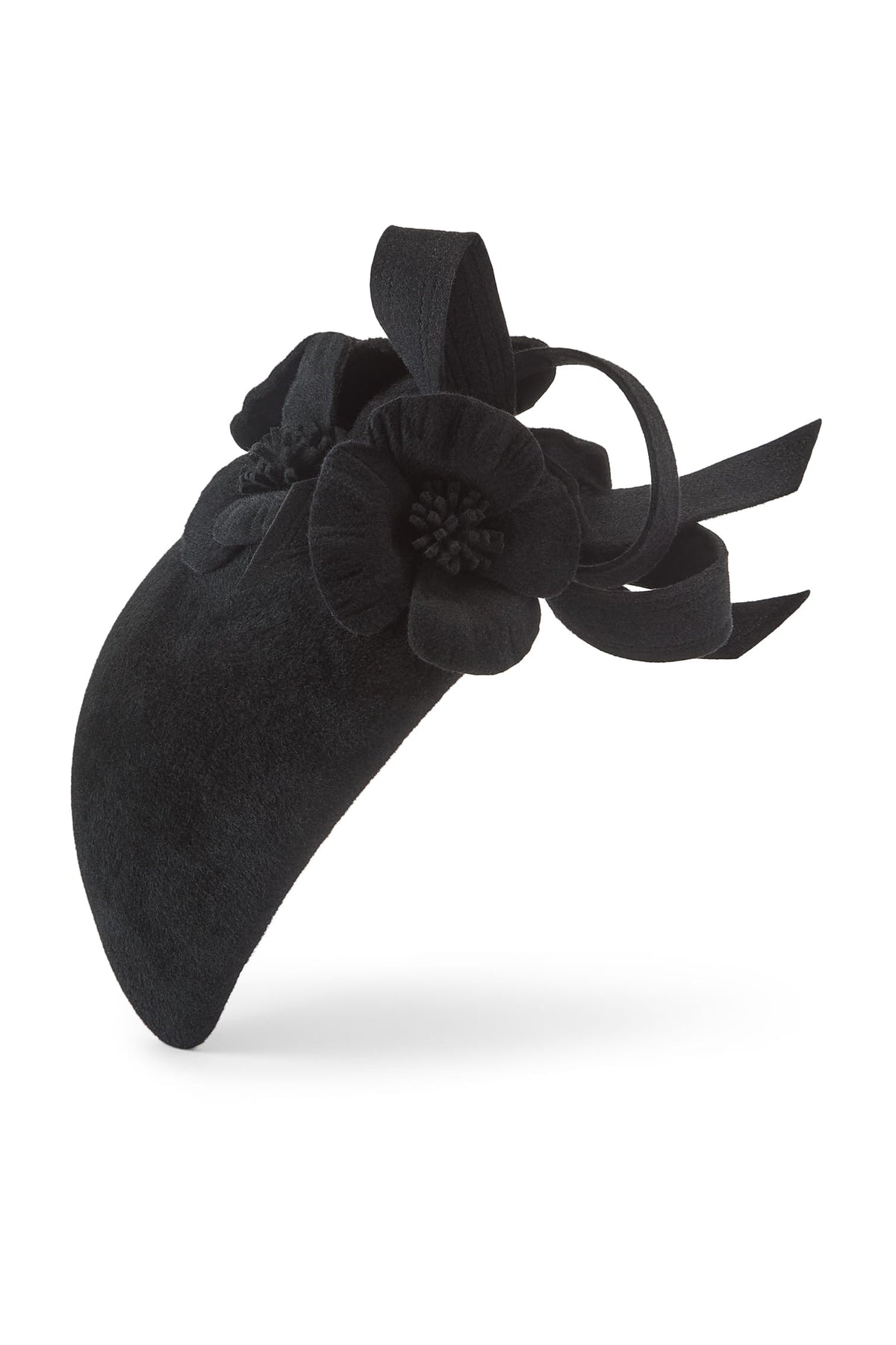 Couture black velour felt tear drop percher hat with three poppies.