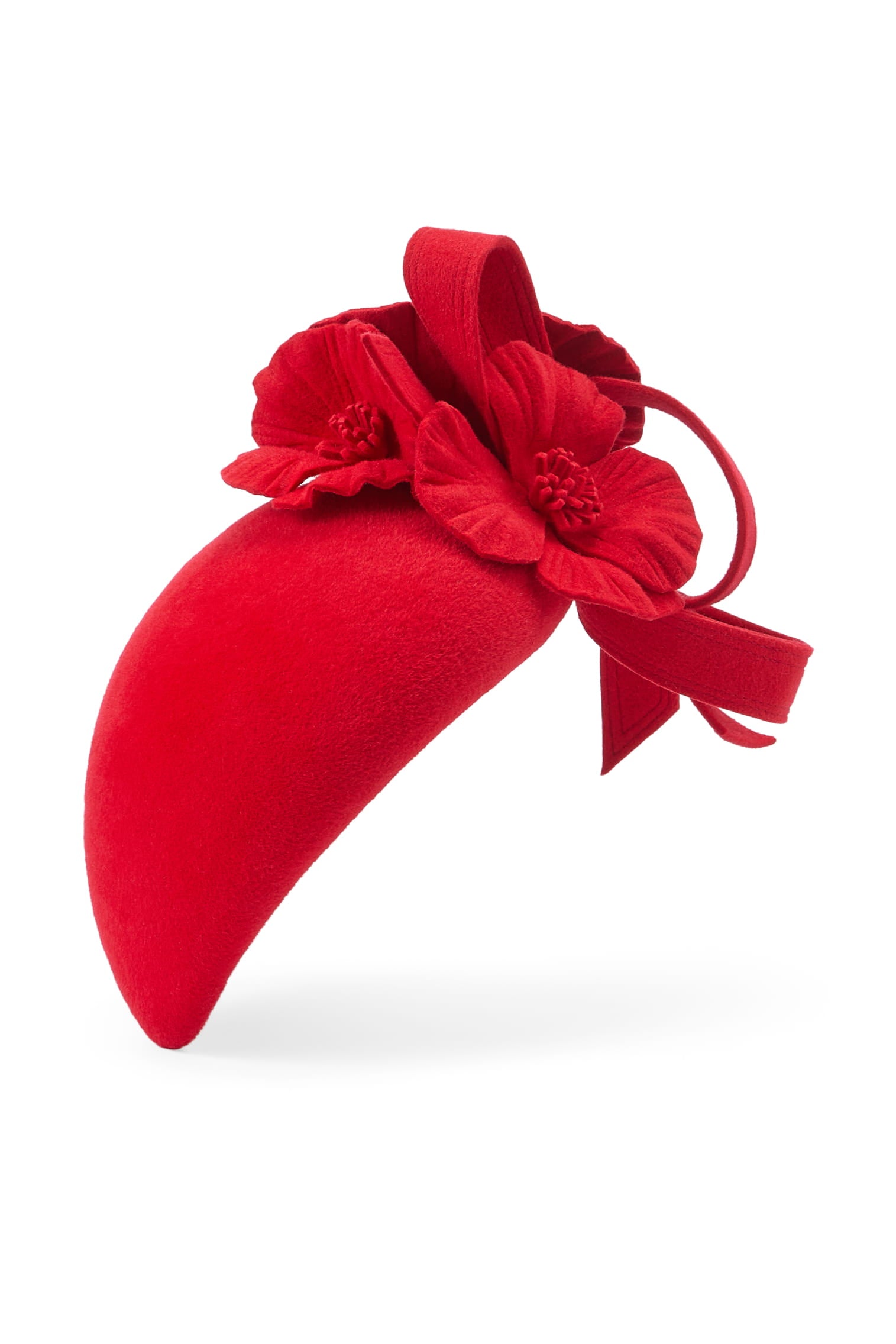 Couture red velour felt tear drop percher hat with three poppies.