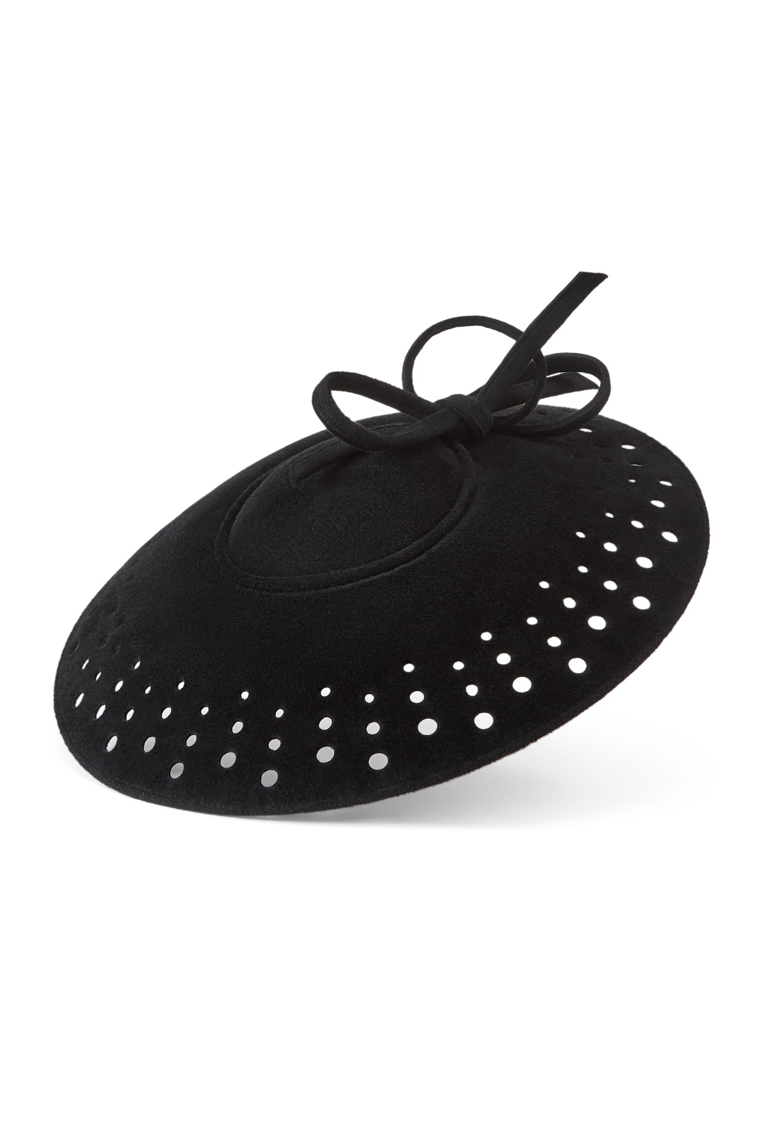 Couture black velour felt saucer hat with punched holes on the brim and a matching bow on top