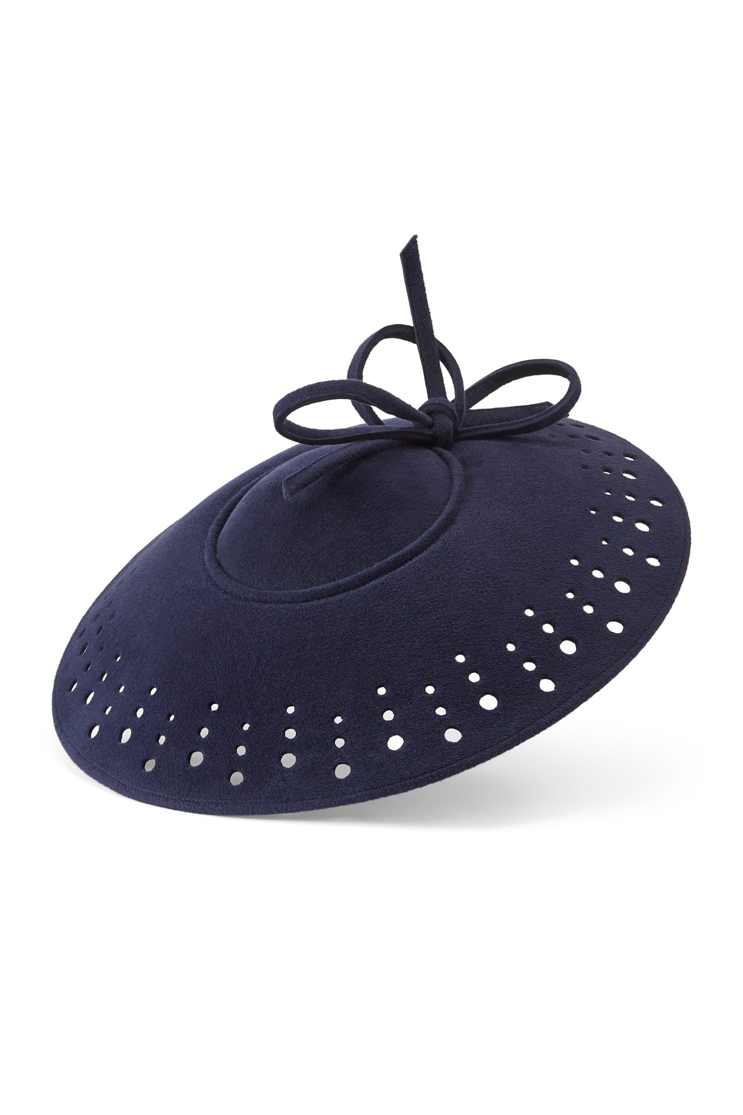 Couture navy velour felt saucer hat with punched holes on the brim and a bow on top