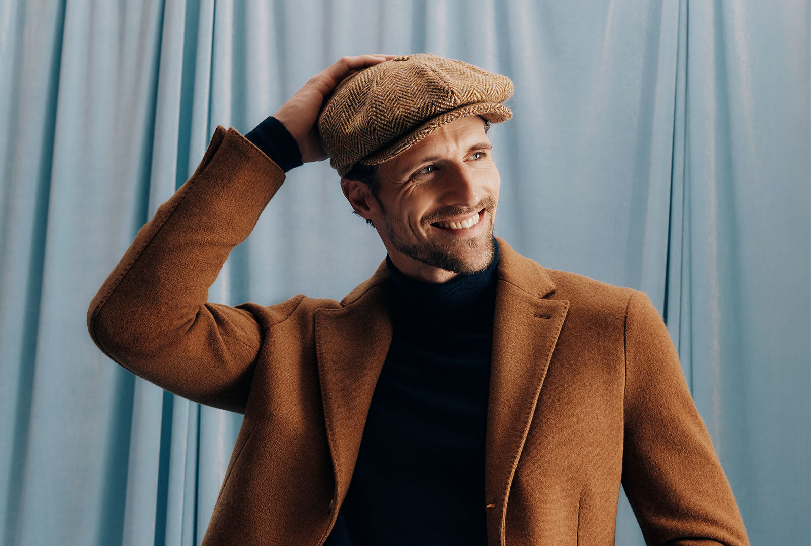 MENS BROWN HERRINGBONE WOOL TWEED BAKERBOY CAP