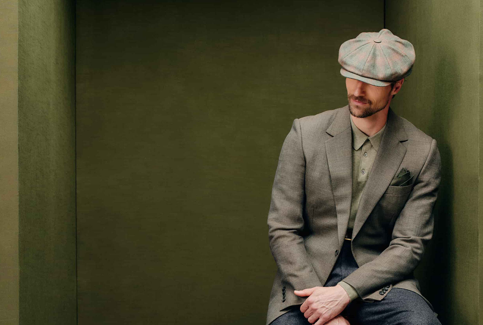 Green & Brown check wool, 8 panel bakerboy cap. 
