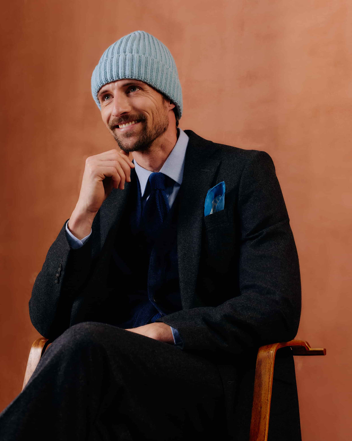 Unisex light blue ribbed knit cashmere beanie hat.
