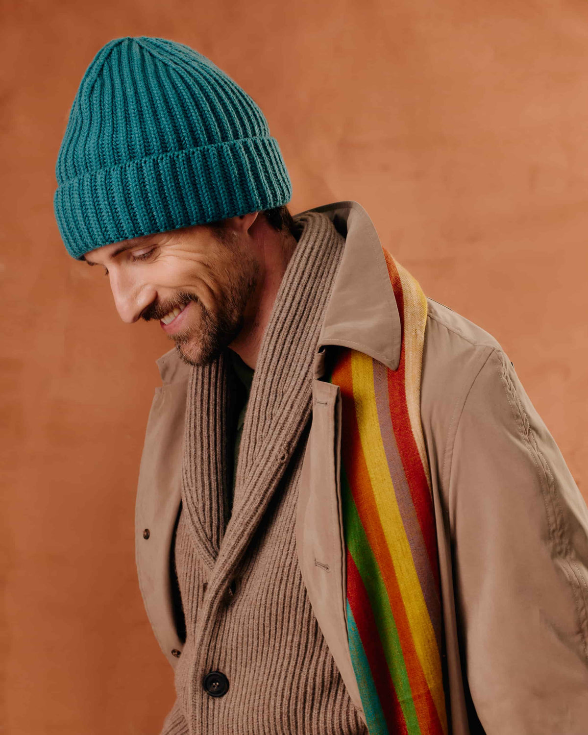 UNISEX TEAL GREEN CASHMERE RIBBED KNIT BEANIE