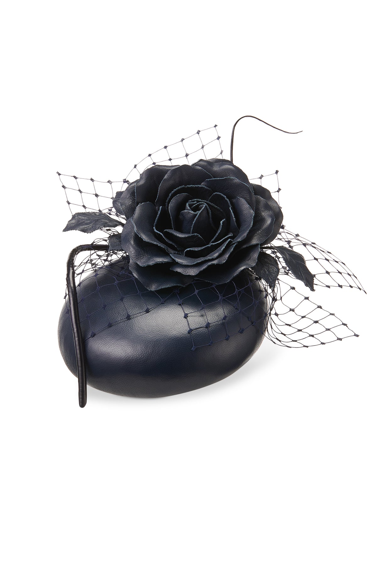 Women&#39;s Rose Bud Navy Leather Percher Button Hat With A Leather Rose Trim - Lock & Co. Hatters London UK
            