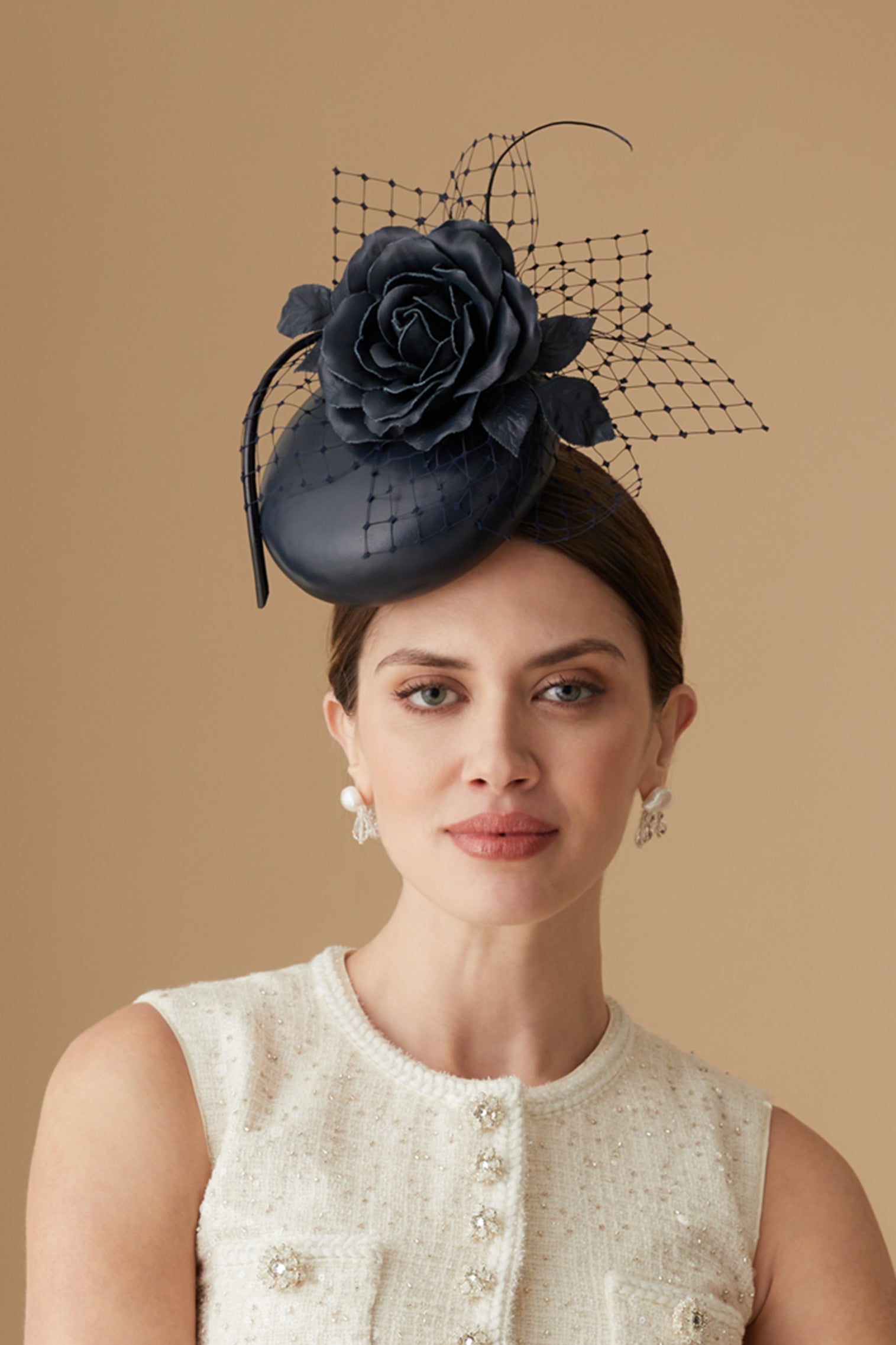 Rose Bud Navy Leather Percher Hat - Lock Couture by Awon Golding - Lock & Co. Hatters London UK