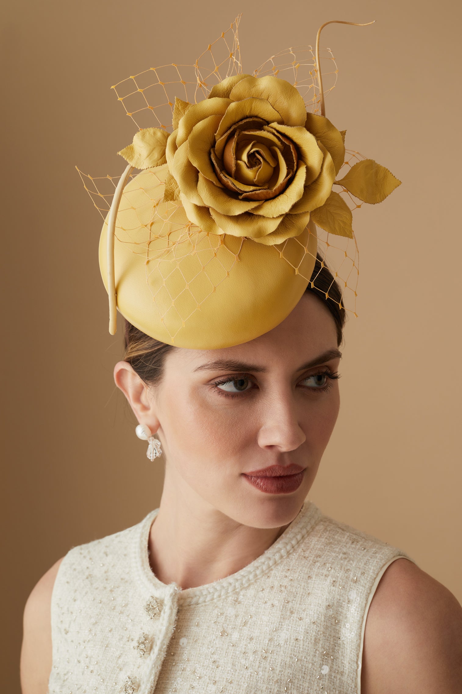 Rose Bud Yellow Leather Percher Hat. Hats for Men & Women