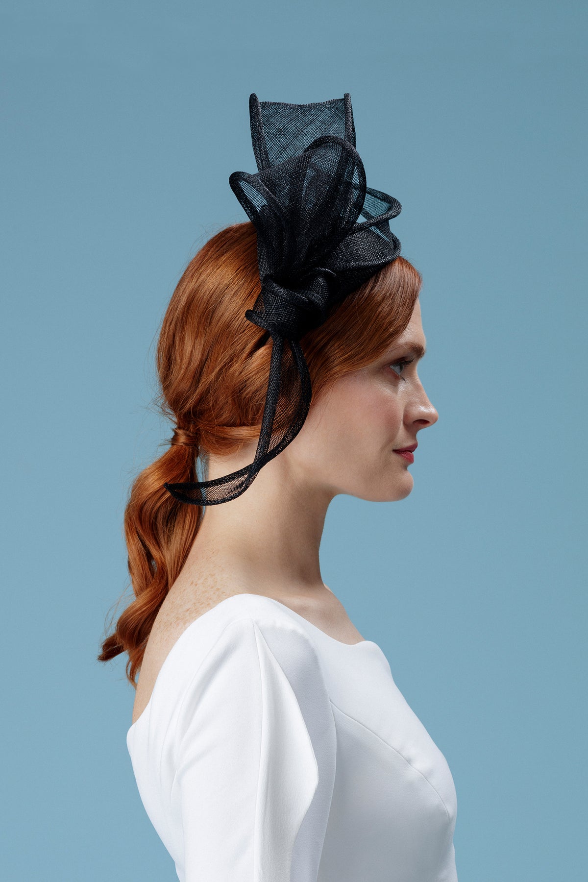 BLACK SINAMAY COUTURE HEADBAND WITH BLACK SWOOPING SINAMAY SWIRLS  - Lock & Co. Hatters London UK
            