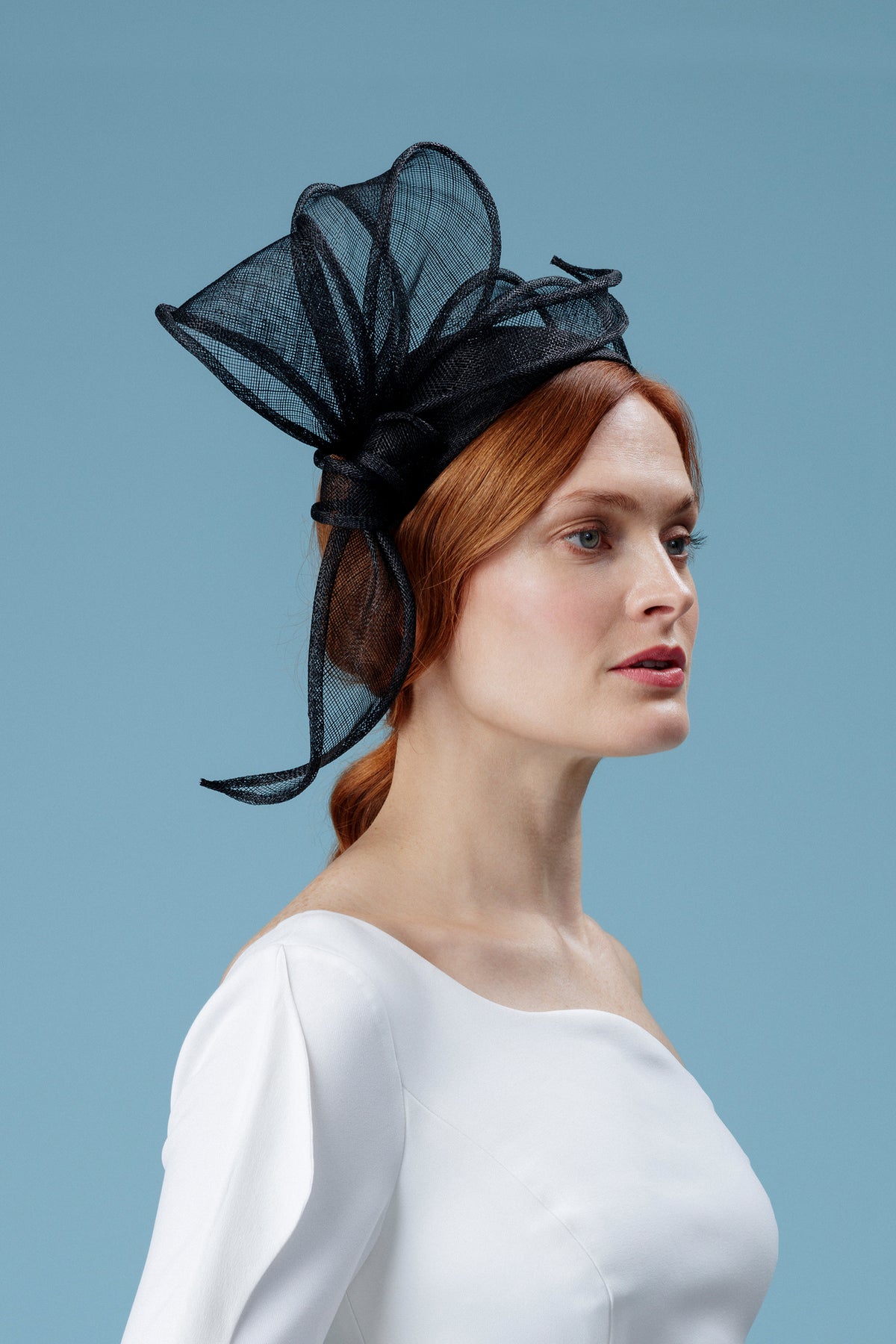 BLACK SINAMAY COUTURE HEADBAND WITH BLACK SWOOPING SINAMAY SWIRLS  - Lock & Co. Hatters London UK
            