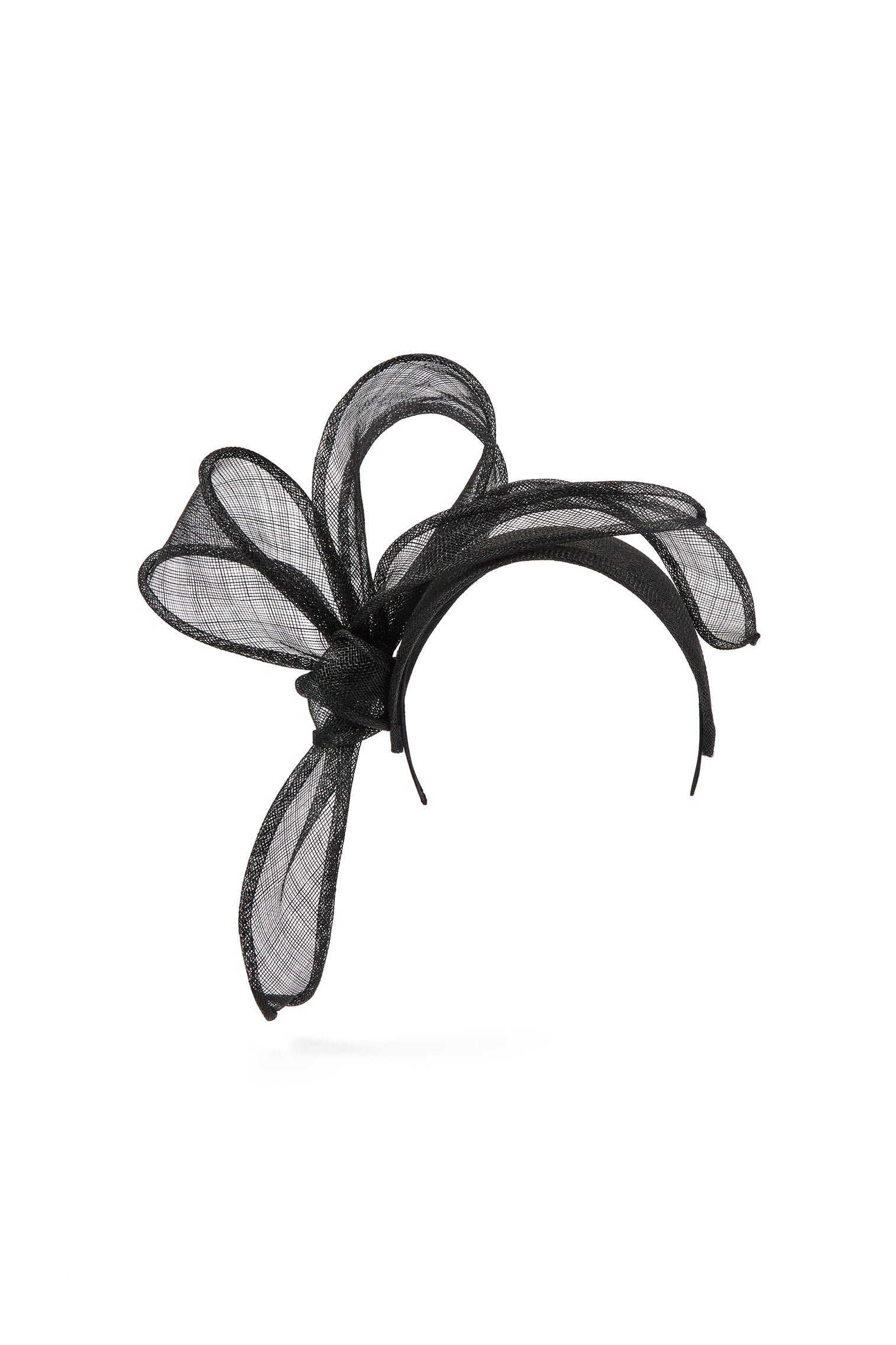 BLACK SINAMAY COUTURE HEADBAND WITH BLACK SWOOPING SINAMAY SWIRLS 