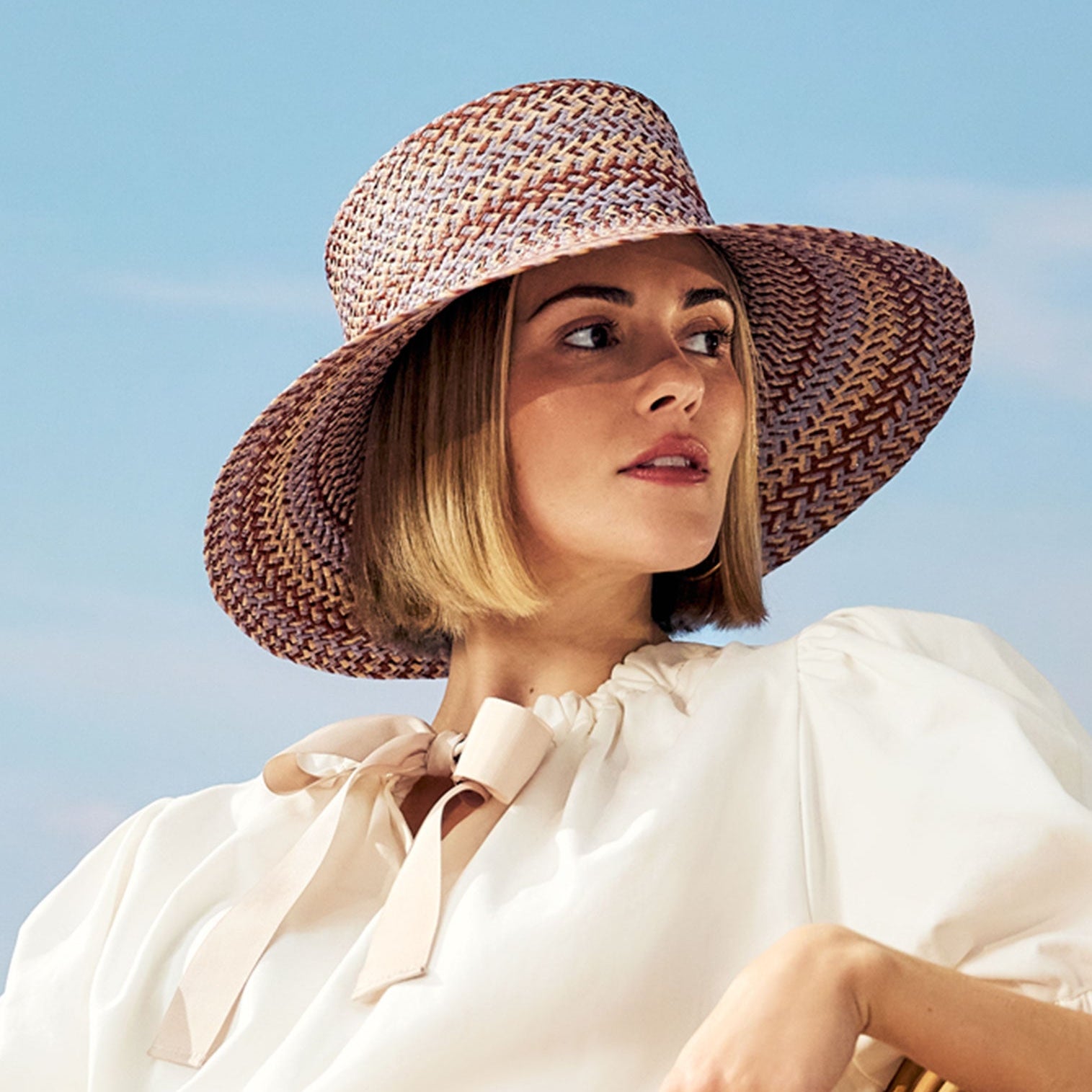 WOMEN'S STRAW BRAID 3 TONE FEDORA SUN HAT WITH OVERSIZED BRIM