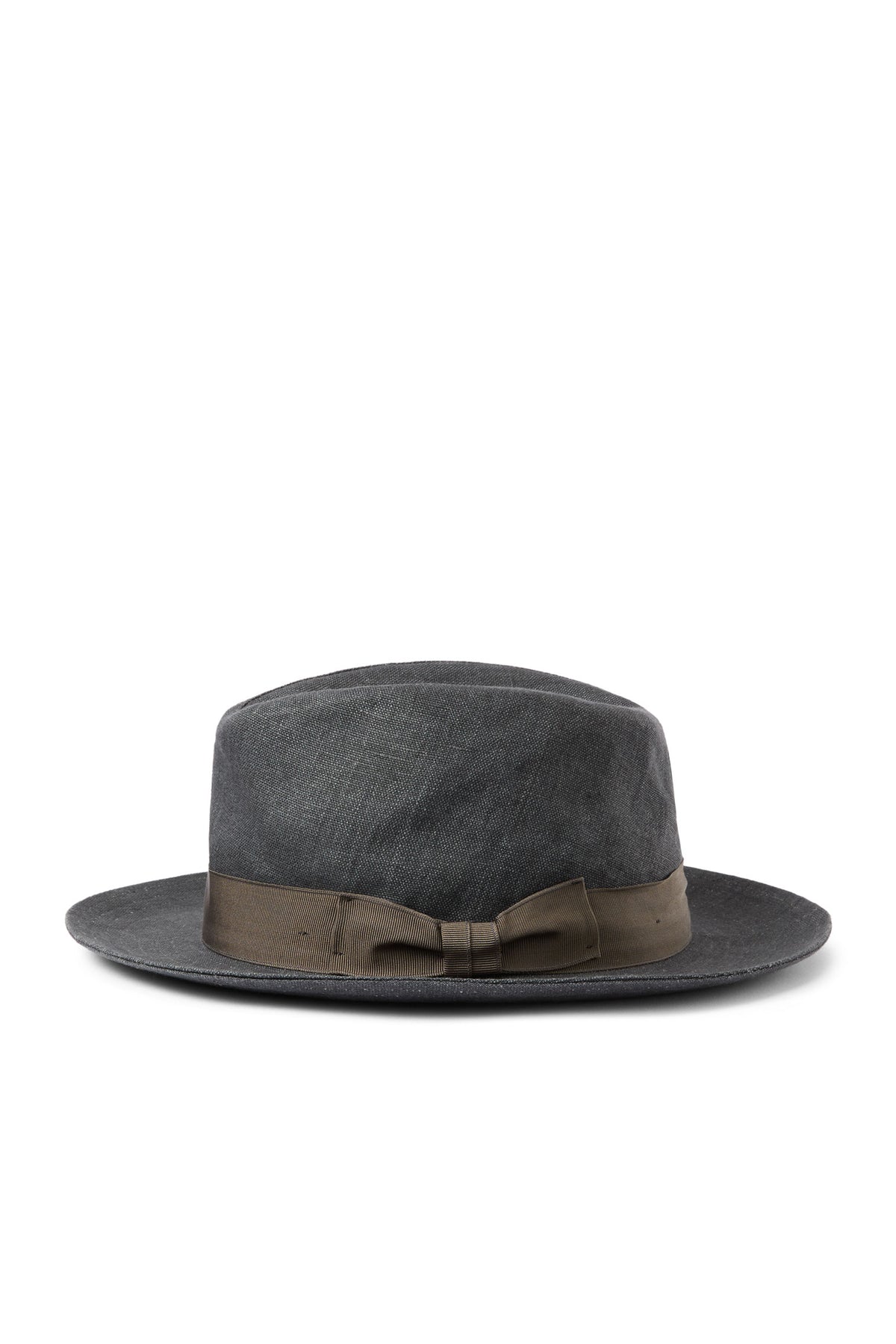 Dark grey trilby hat with a silver green grosgrain band and bow. - Lock & Co. Hatters London UK
            