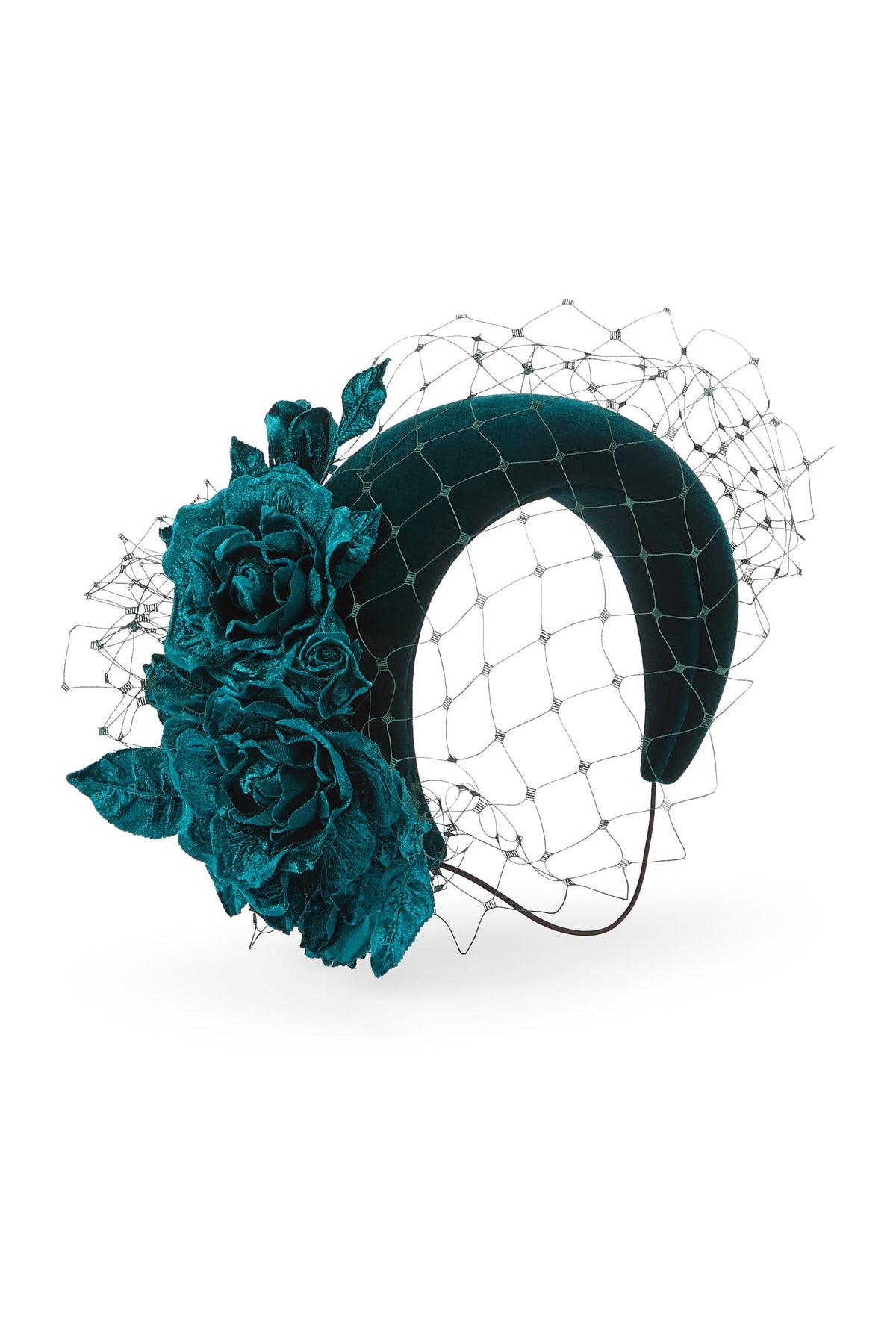 Couture dark teal velvet headband decorated with matching velvet roses and leaves, featuring a matching dark teal veil