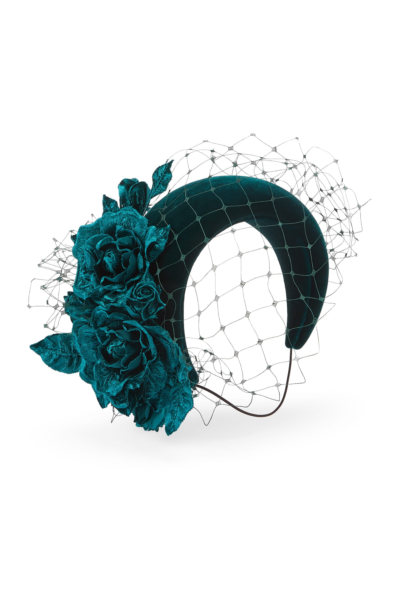 Couture dark teal velvet headband decorated with matching velvet roses and leaves, featuring a matching dark teal veil