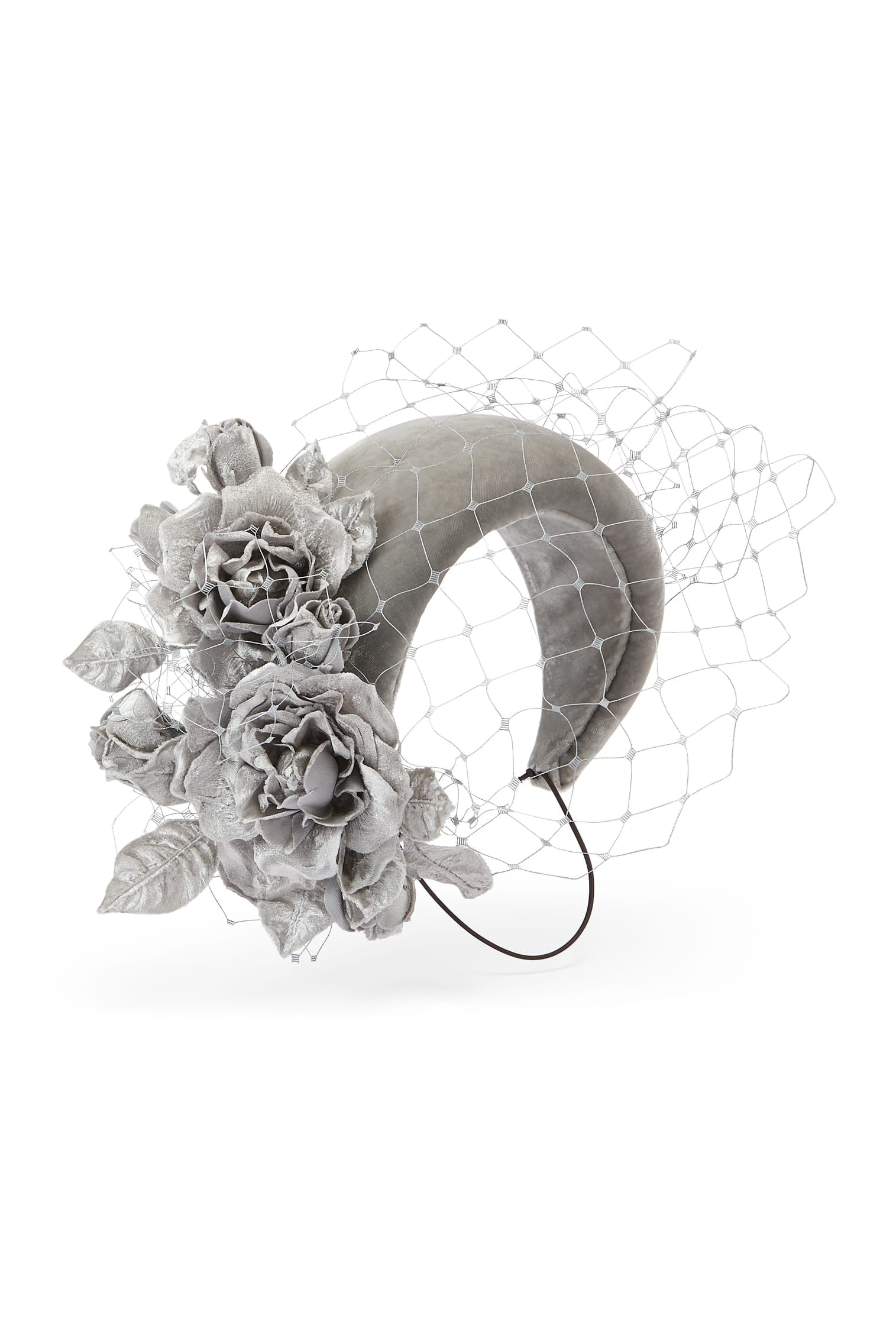 Couture silver velvet headband decorated with matching velvet roses and leaves, featuring a matching silver veil