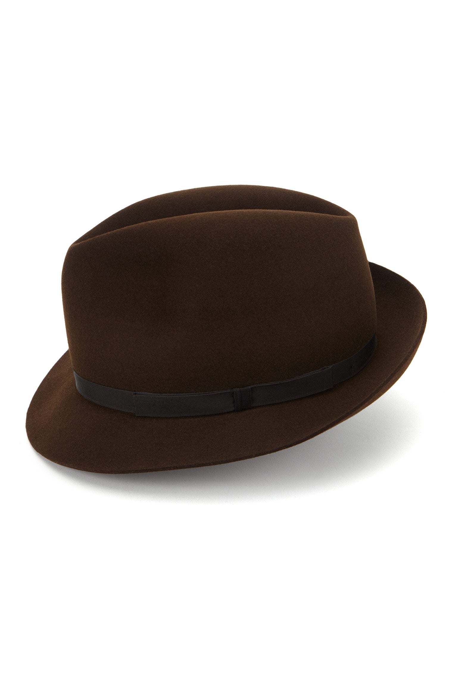 BROWN FELT SNAP-BRIM TRILBY HAT WITH NARROW BROWN GROSGRAIN BAND AND BOW