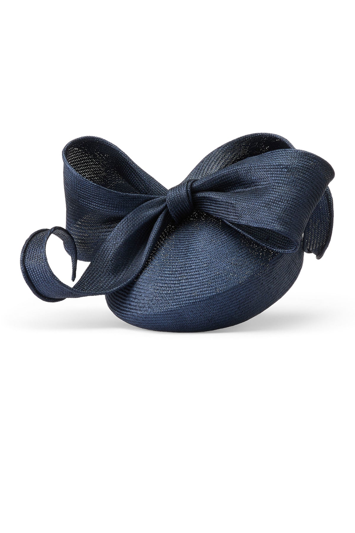 Women's navy parasisal straw pillbox hat with a hand sculpted bow.