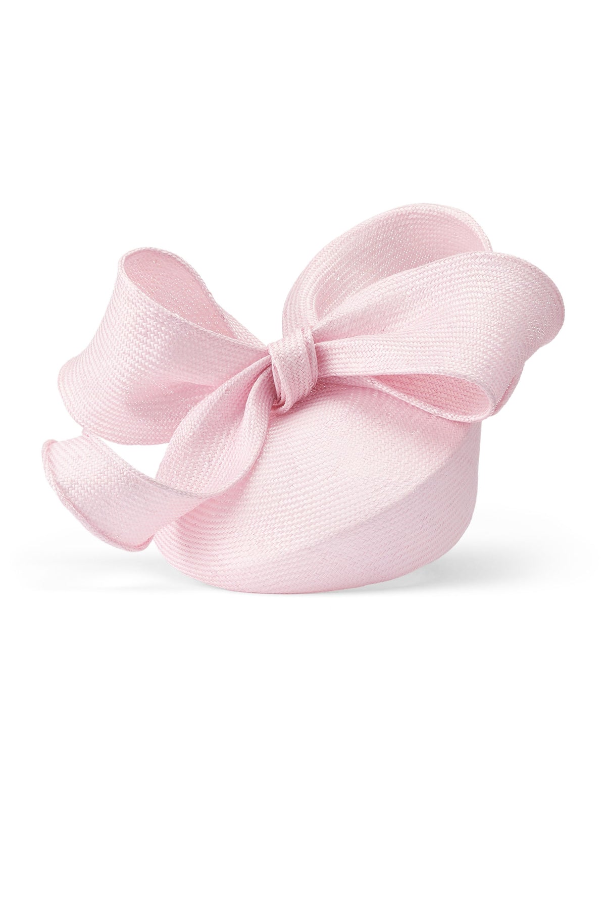 Women's pink parasisal straw pillbox hat with a hand sculpted bow.
