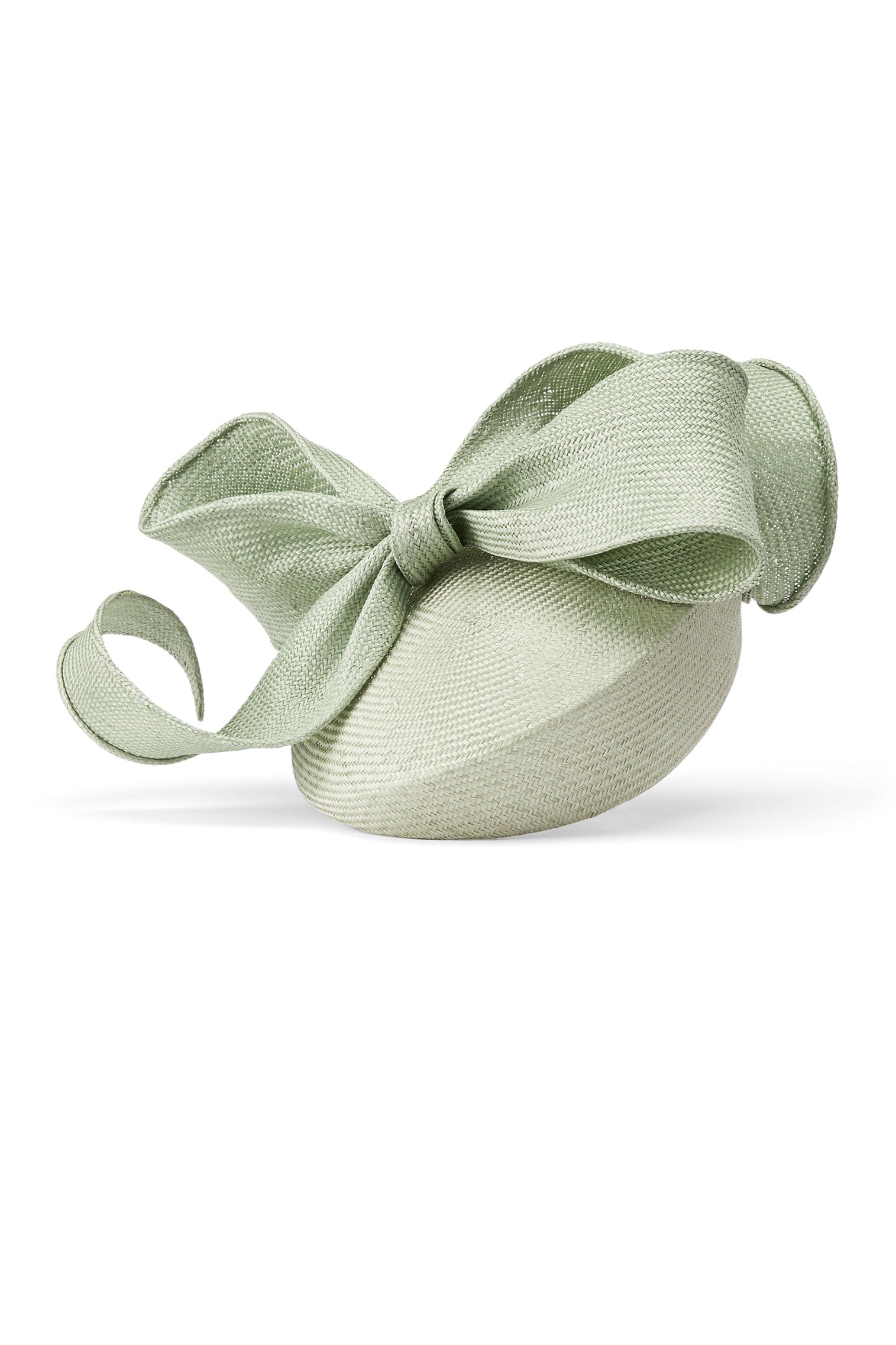 Women's sage green parasisal straw pillbox hat with a hand sculpted bow.