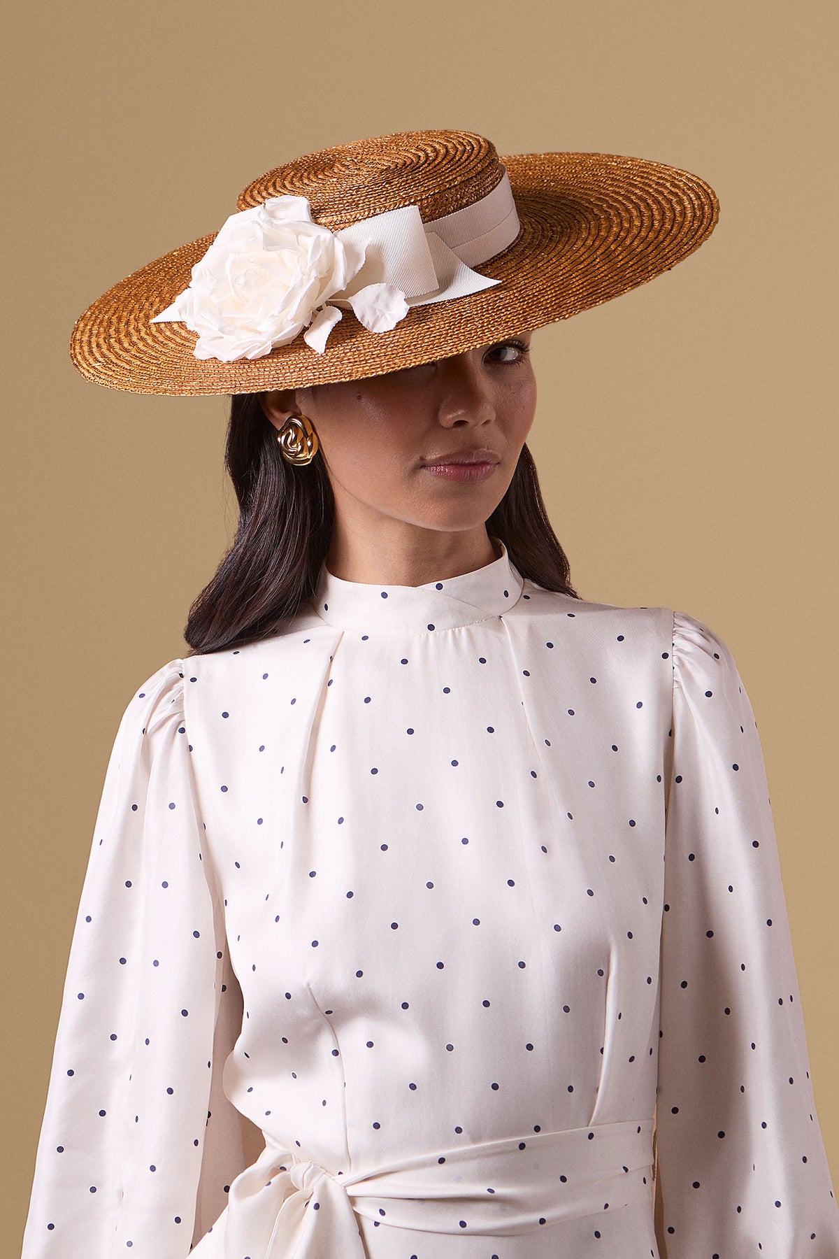Golden pedal straw boater hat with silk dupion roses and an ivory trimband and bow - Lock & Co. Hatters London UK
            