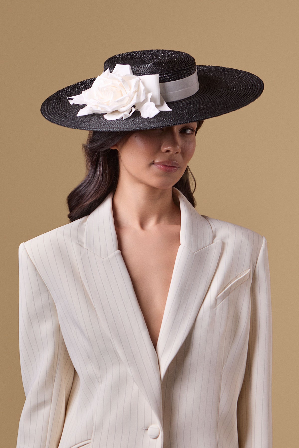 Black pedal straw boater hat with silk dupion roses and an ivory trimband and bow - Lock & Co. Hatters London UK
            