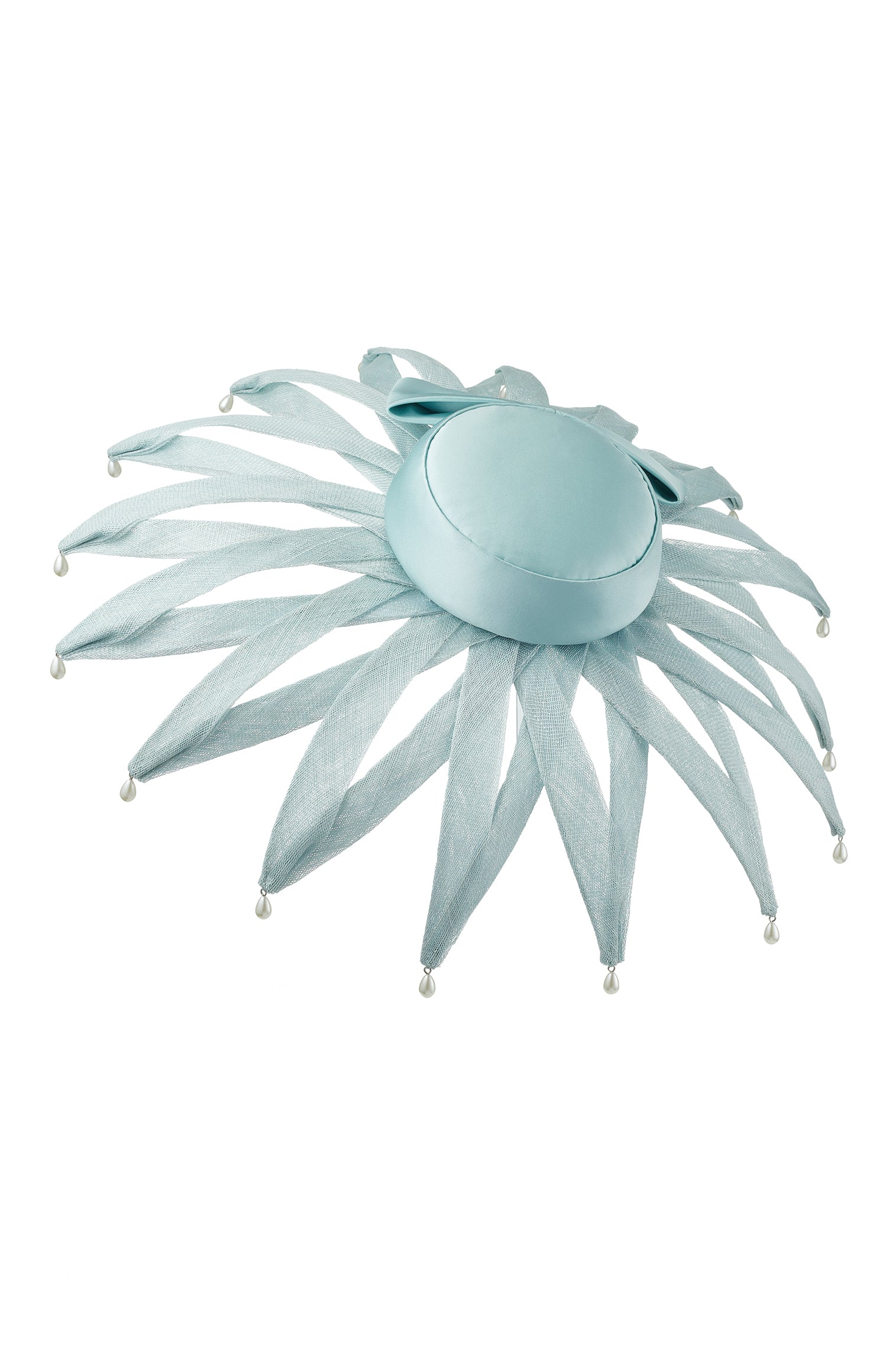 WOMEN'S SENCHA DUCK EGG WIDE BRIM CREPE-BACK SATIN HAT WITH SINAMAY PETALS AND ARTIFICIAL PEARL DETAILING