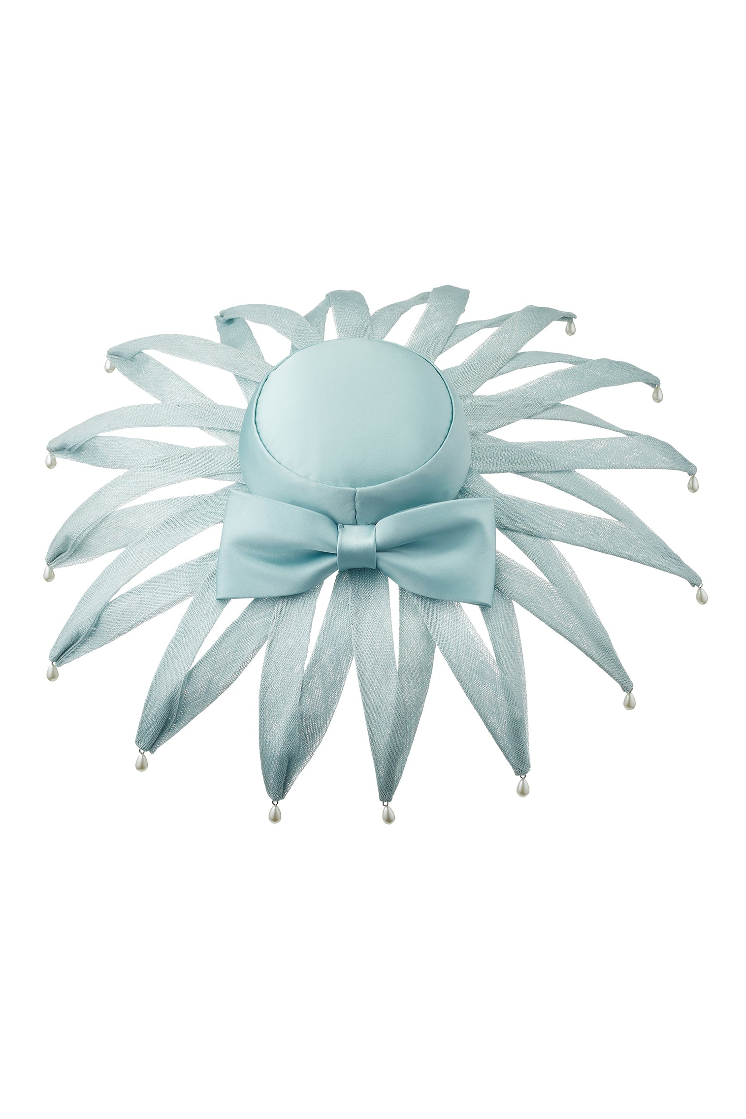 WOMEN'S SENCHA DUCK EGG WIDE BRIM CREPE-BACK SATIN HAT WITH SINAMAY PETALS AND ARTIFICIAL PEARL DETAILING AND ARTIFICIAL PEARL DETAILING