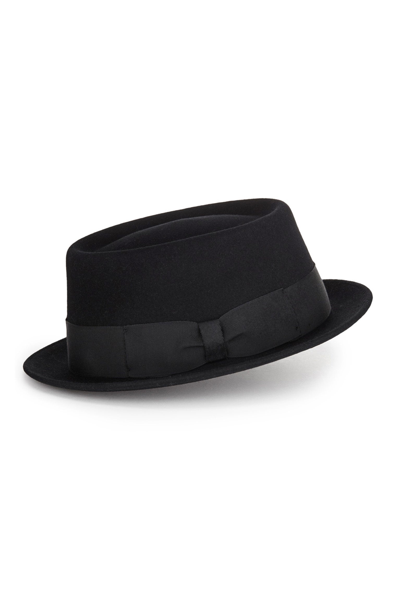 MEN'S BLACK RABBIT FUR FELT PORKPIE HAT WITH A WIDE BLACK BAND AND BOW