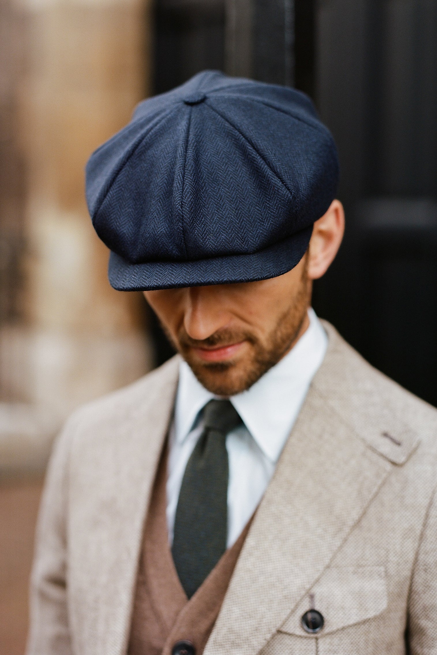 NAVY HERRINGBONE ESCORIAL WOOL BAKERBOY CAP FROM THE LOCK & CO. HATTERS X 007 BOND COLLECTION
