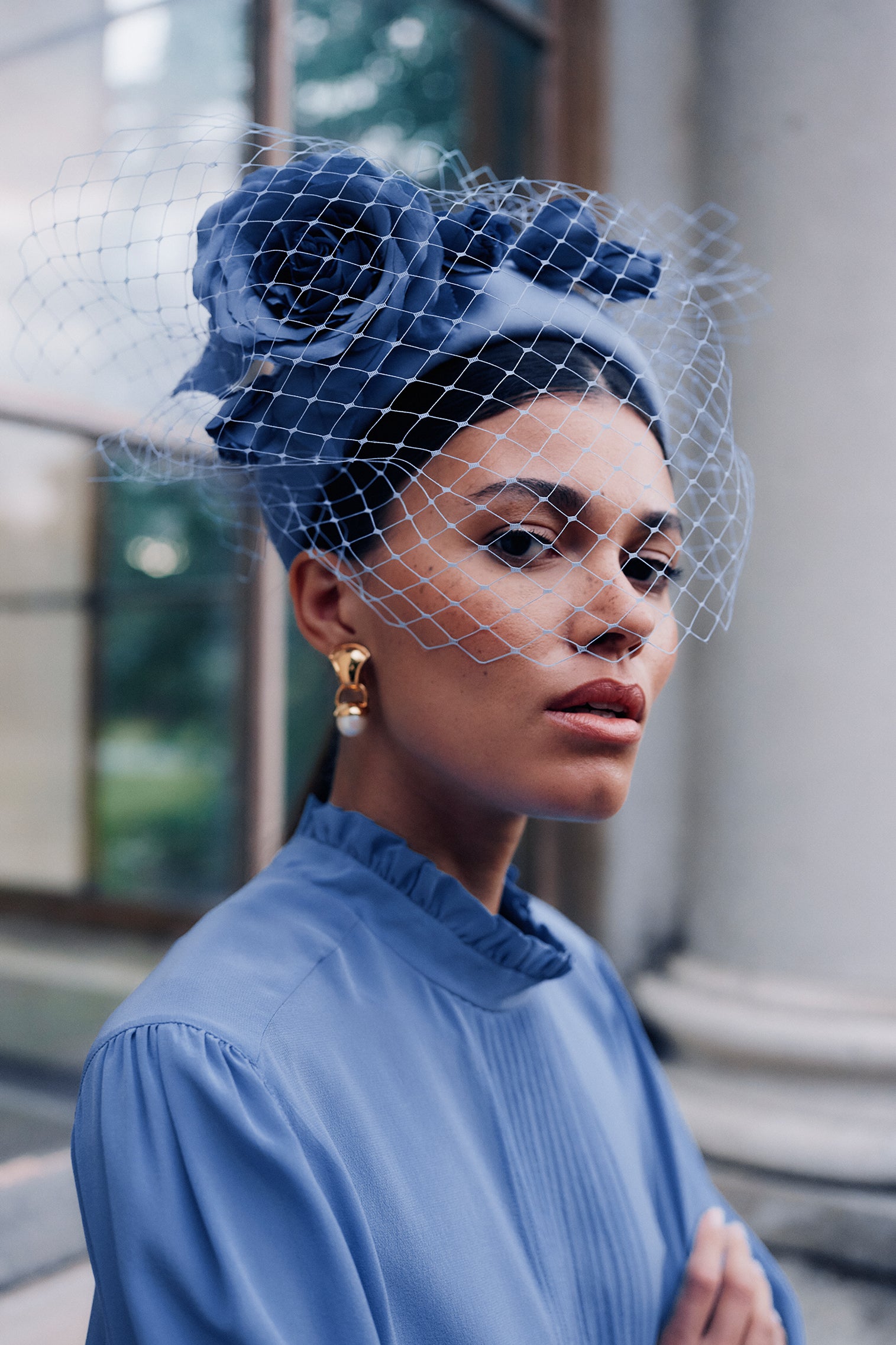 CORNFLOWER BLUE DUPION SILK COVERED COUTURE HEADBAND WITH SILK ROSE SPRAY DRAPED VEILING