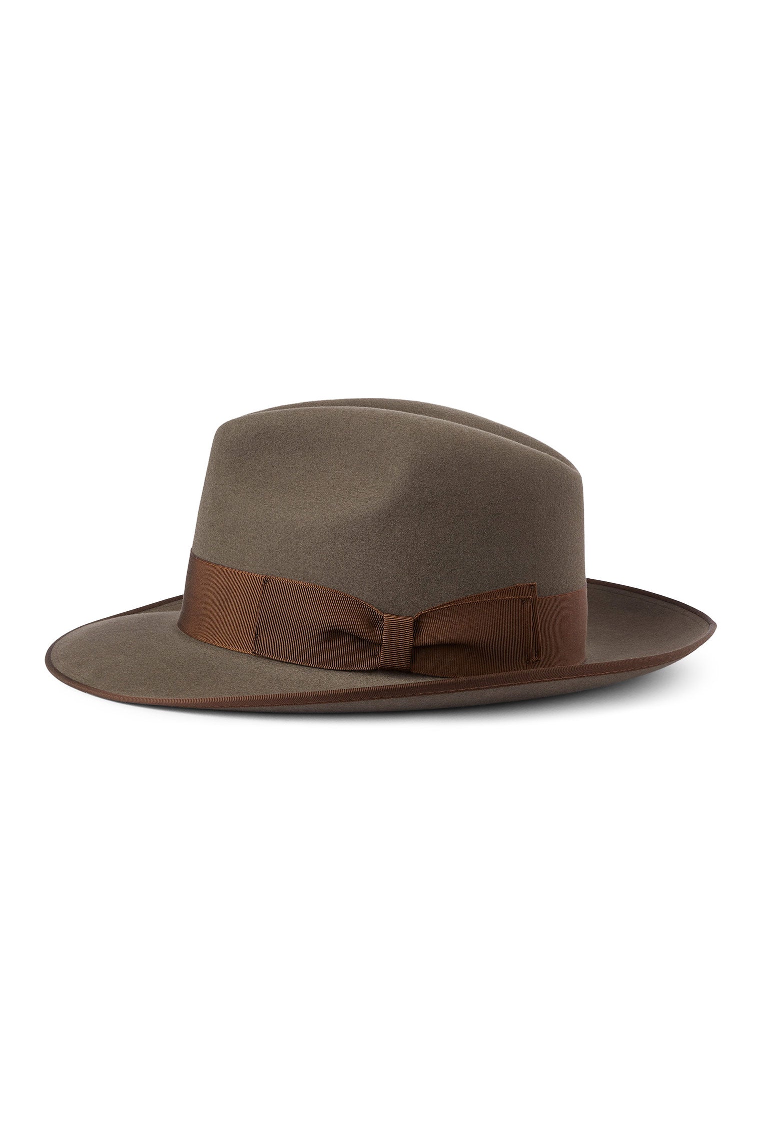 KHAKI FELT FEDORA HAT WITH BROWN BAND AND BOW