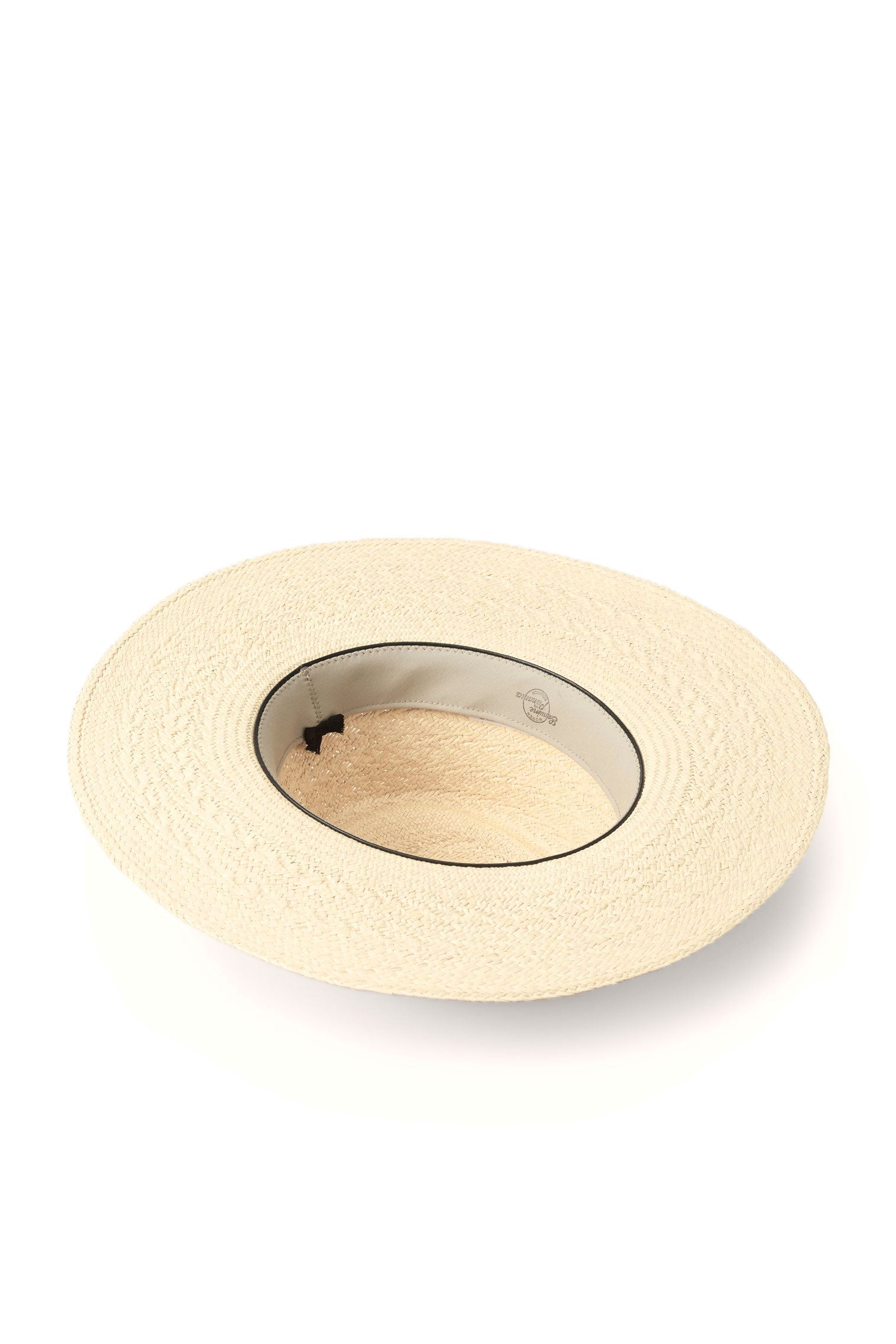 Inside of Pork Pie straw Panama Hat with internal wool sweatband