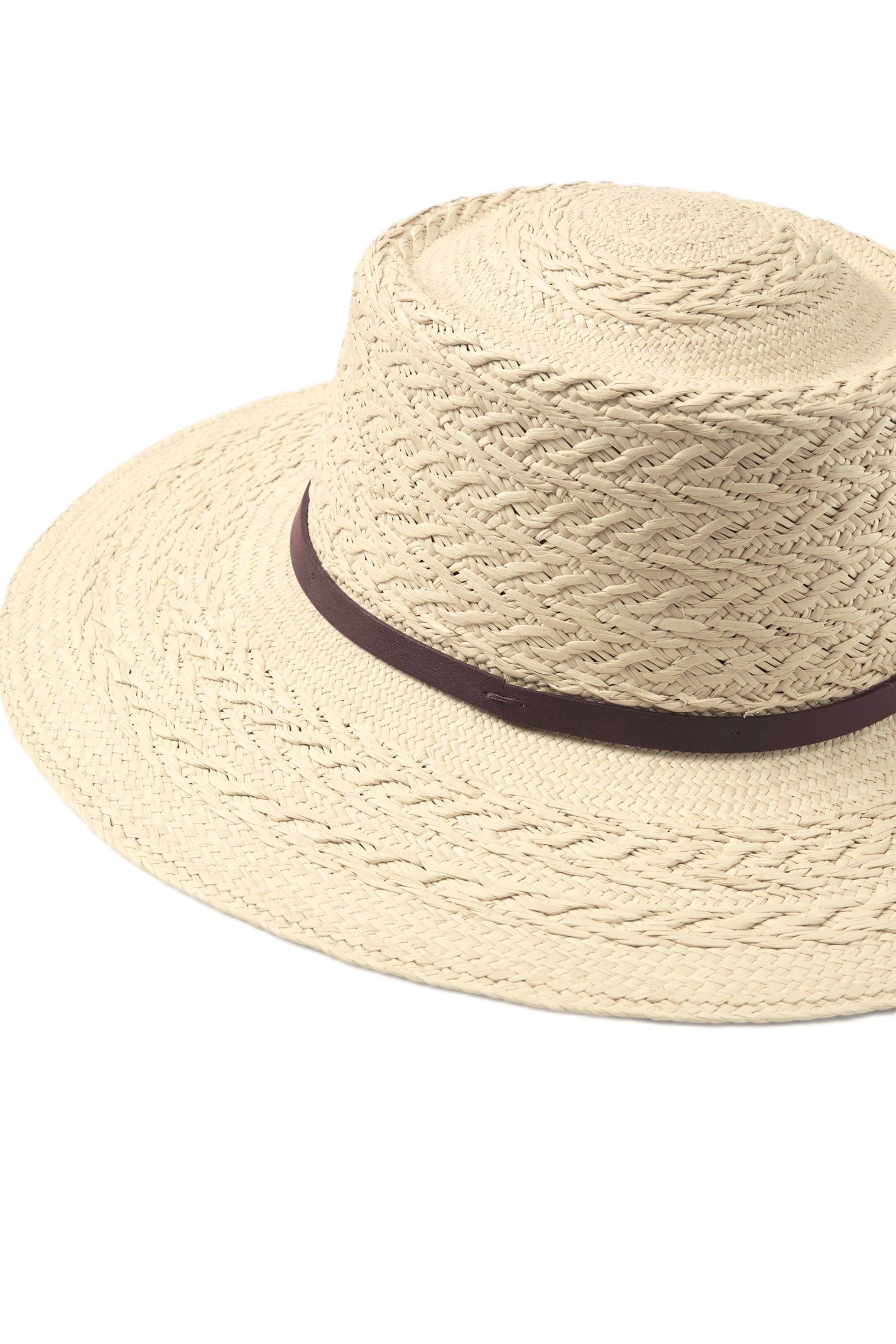 Pork Pie Straw Panama Hat with a narrow deep brown leather band and braiding detail