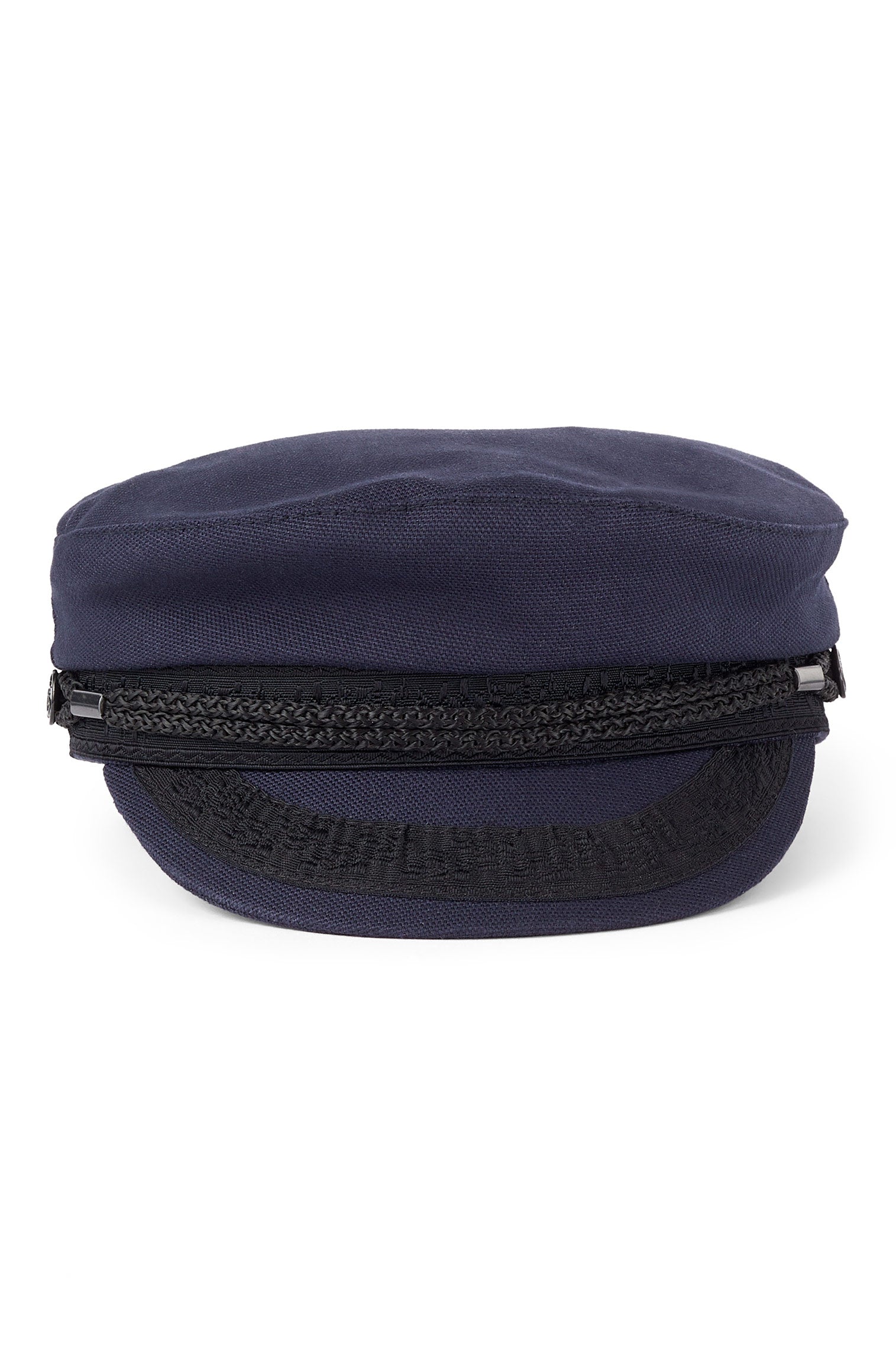 NAVY COTTON SUMMER SKIPPER CAP WITH BLACK BRAID DETAILING AND METAL ANCHOR EMBELLISHMENTS