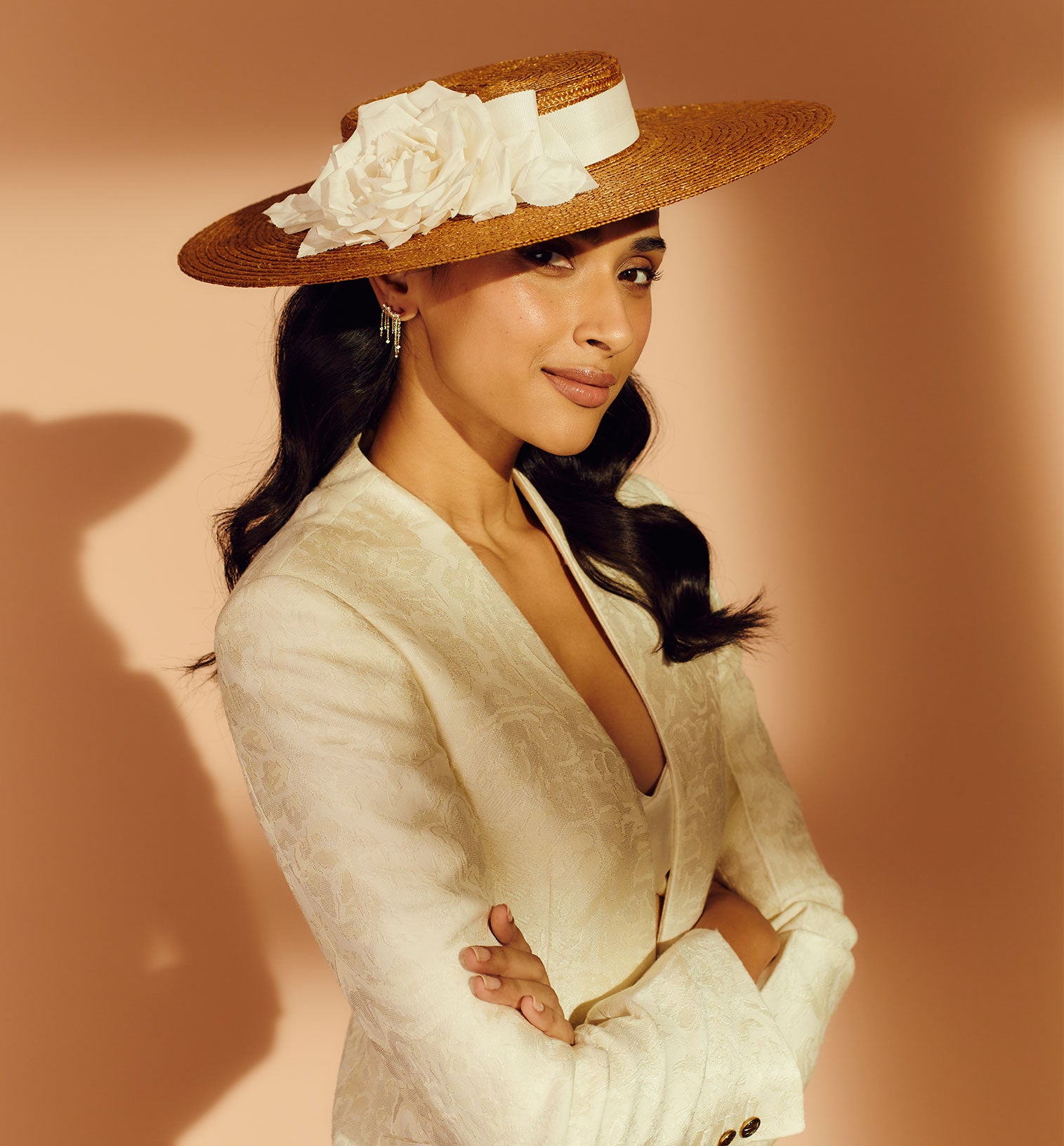 Golden pedal straw boater hat with silk dupion roses and an ivory trimband and bow