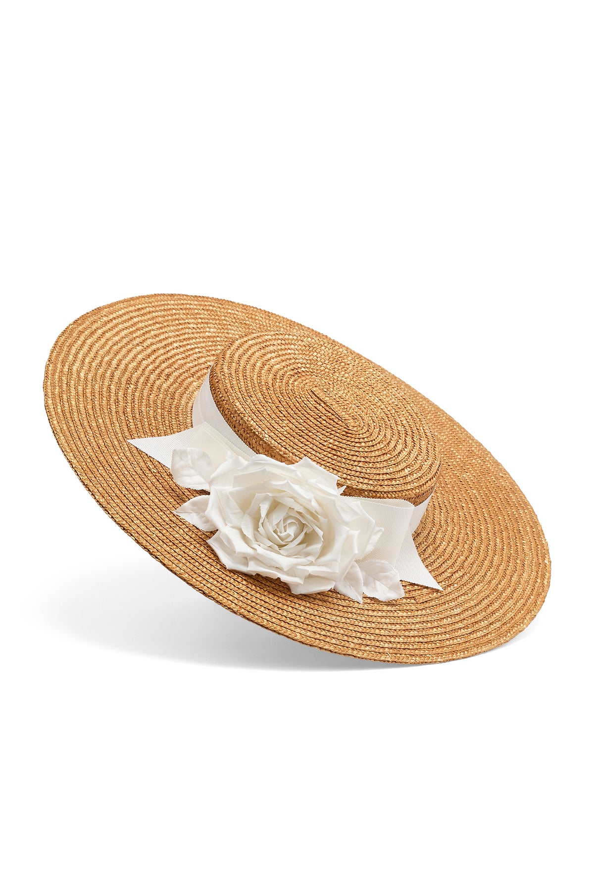 Golden pedal straw boater hat with silk dupion roses and an ivory trimband and bow - Lock & Co. Hatters London UK
            