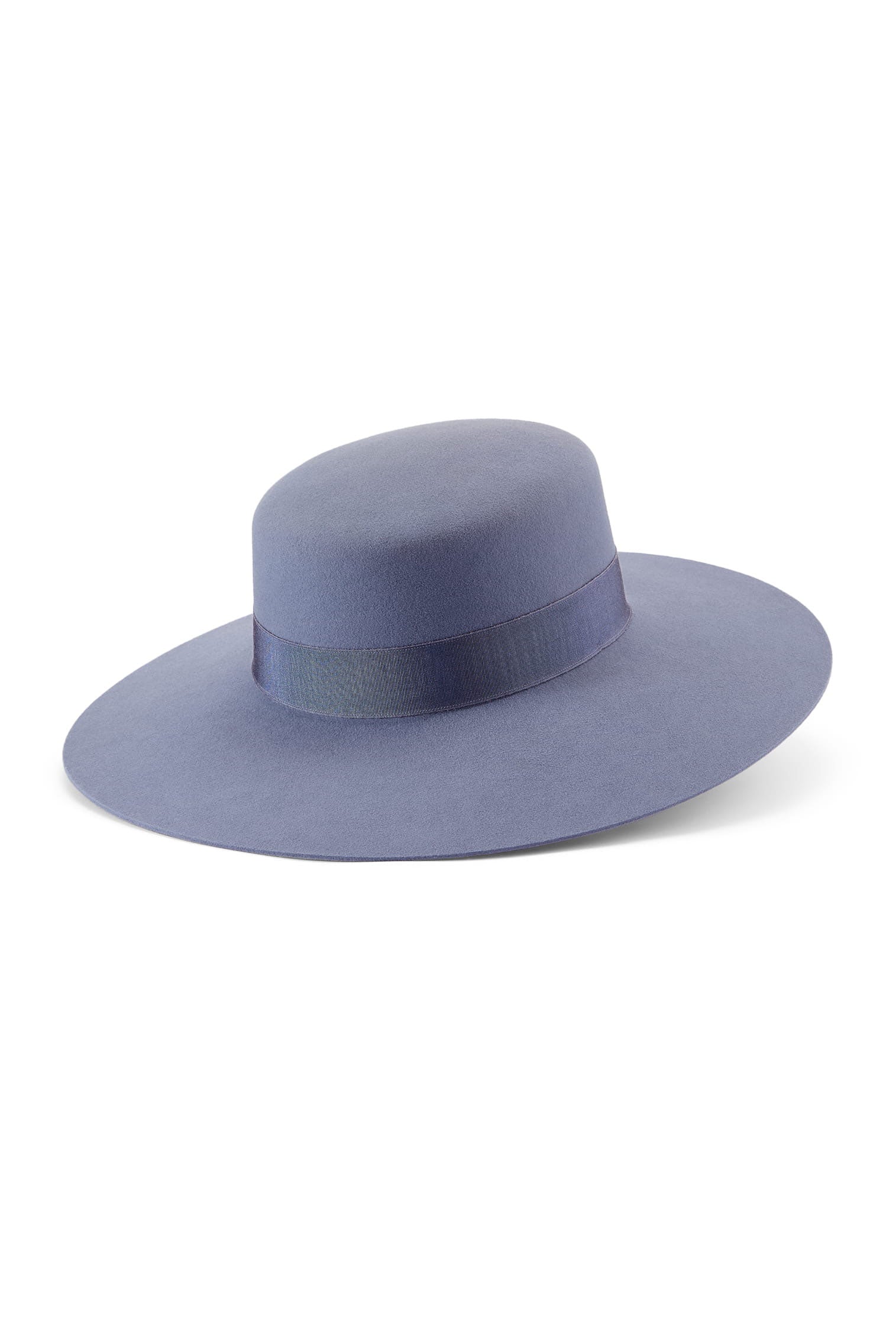 Women's wide-brimmed rabbit fur felt fedora hat in a muted slate blue color, featuring a matching fabric band.