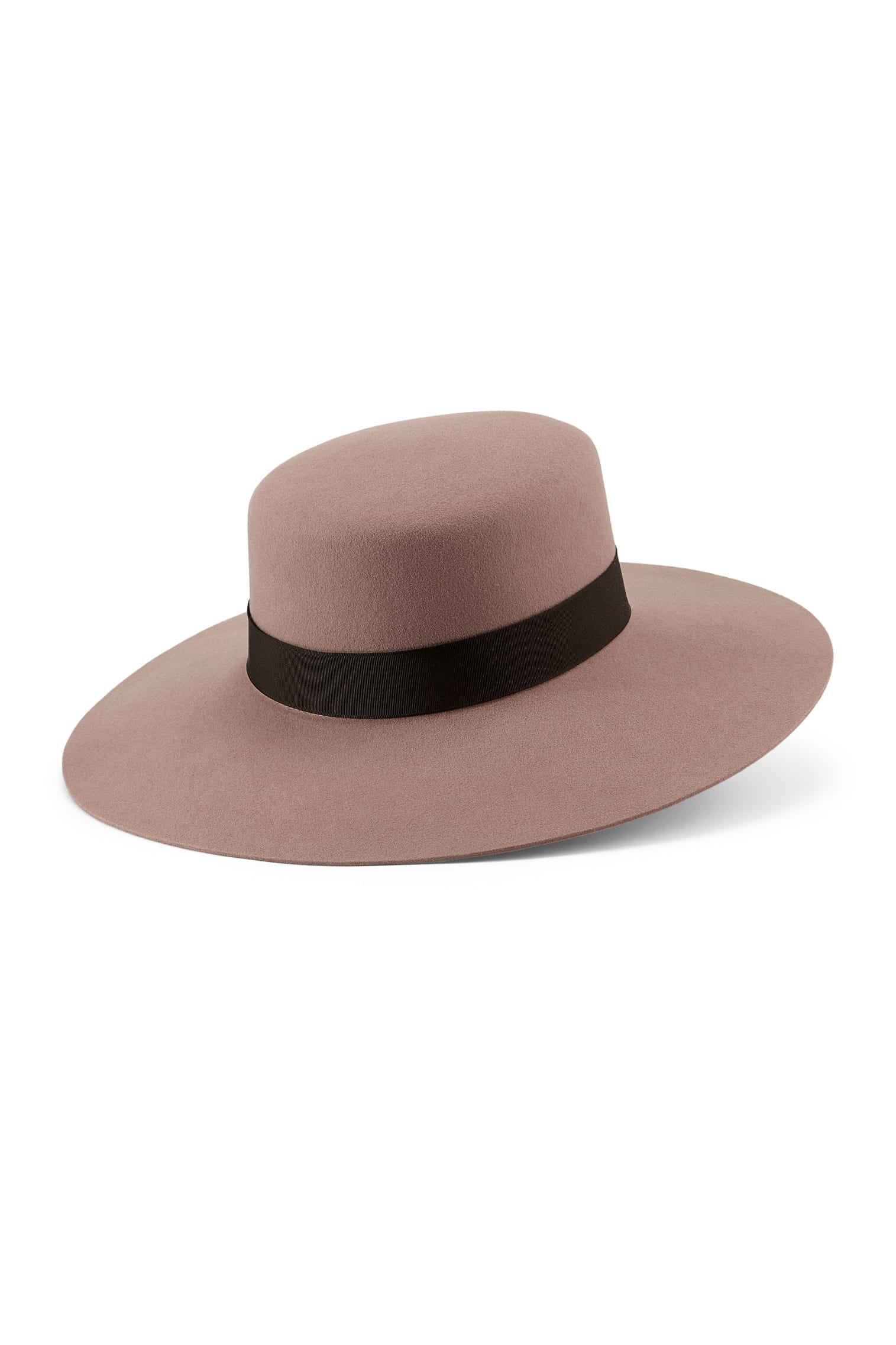 A taupe rabbit fur felt wide-brim boater hat with a brown ribbon band. 