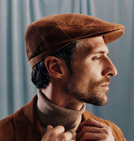 MEN'S RUST AND BEIGE CHECK WOOL FLAT CAP