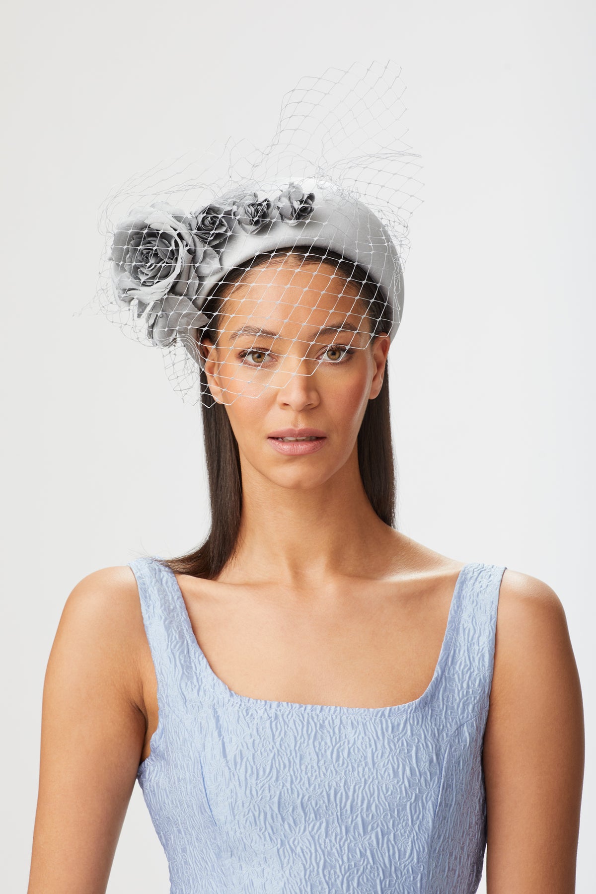 SILVER DUPION SILK COVERED COUTURE HEADBAND WITH SILK ROSE SPRAY DRAPED VEILING - Lock & Co. Hatters London UK
            