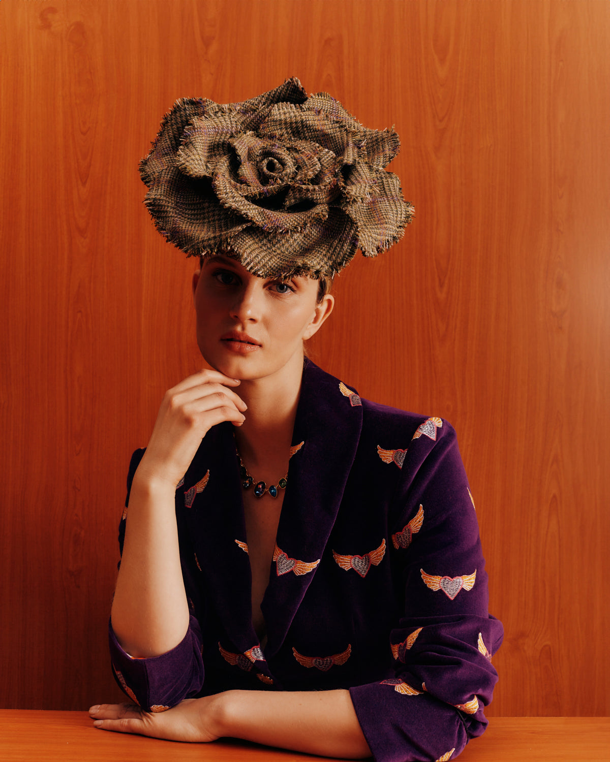 Women's textured green and purple check wool tweed rose pill box hat
