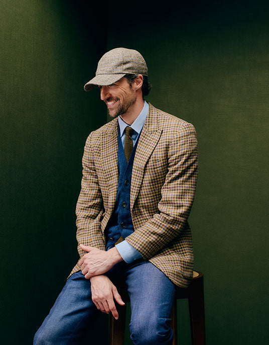 GREEN BLUE TWEED WOOL BASEBALL CAP WITH INTERNAL EARFLAPS