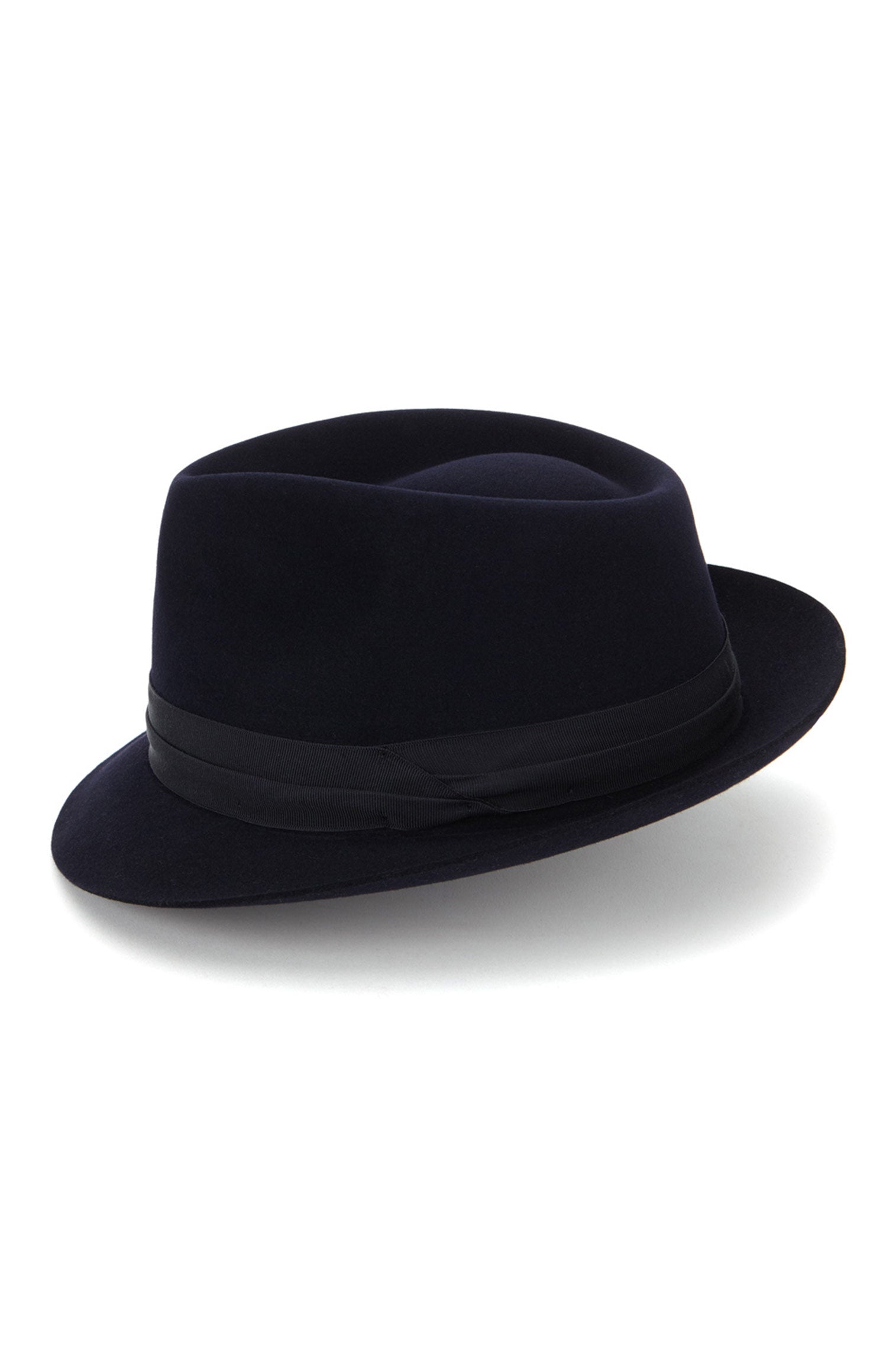 MEN'S NAVY RABBIT FUR FELT NARROW-BRIMMED TRILBY HAT WITH A WIDE NAVY GROSGRAIN BAND 